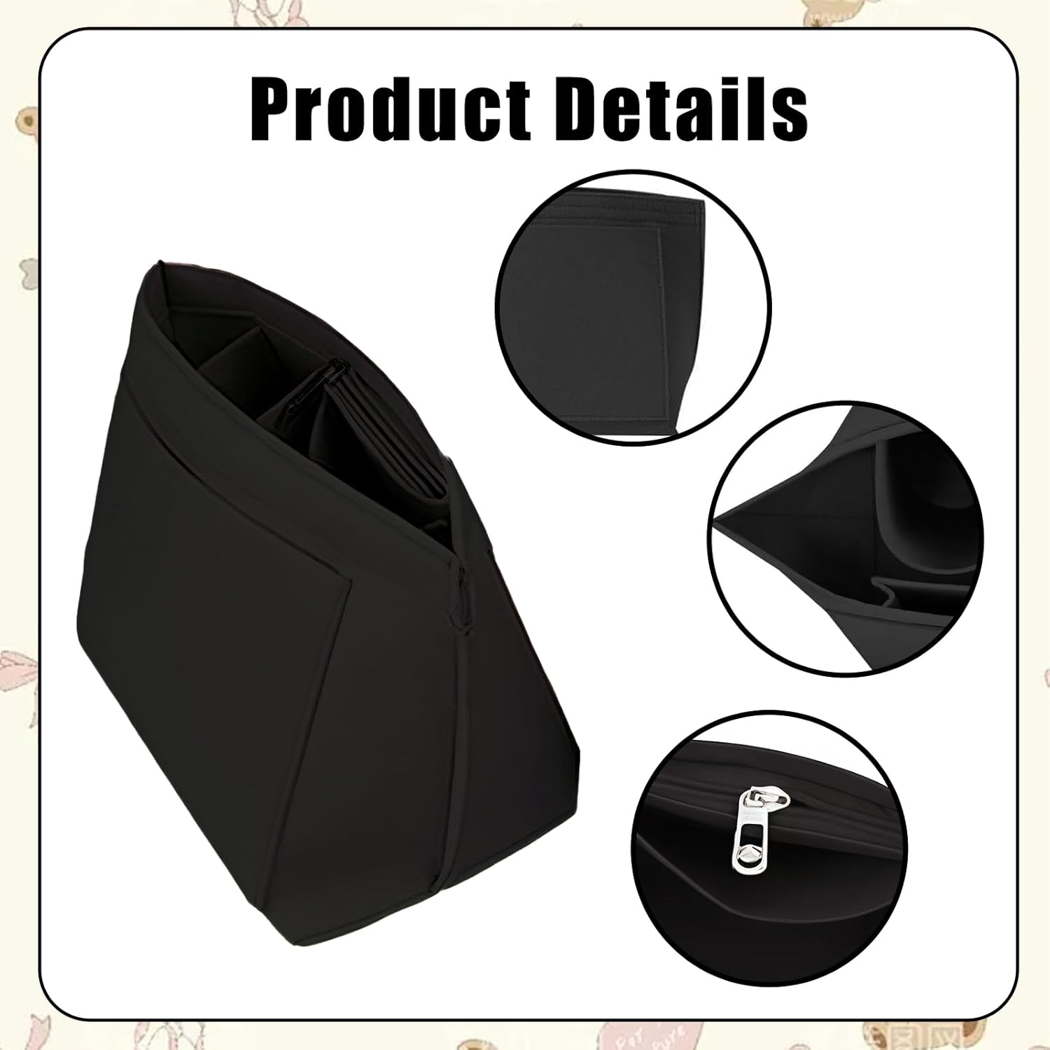 SSKHE Black Bag Organiser for Longchamp, Portable Organiser for Handbag, Purse, Folding Tote Bag, Felt Inner Liner, Multi-Pocket image number 5