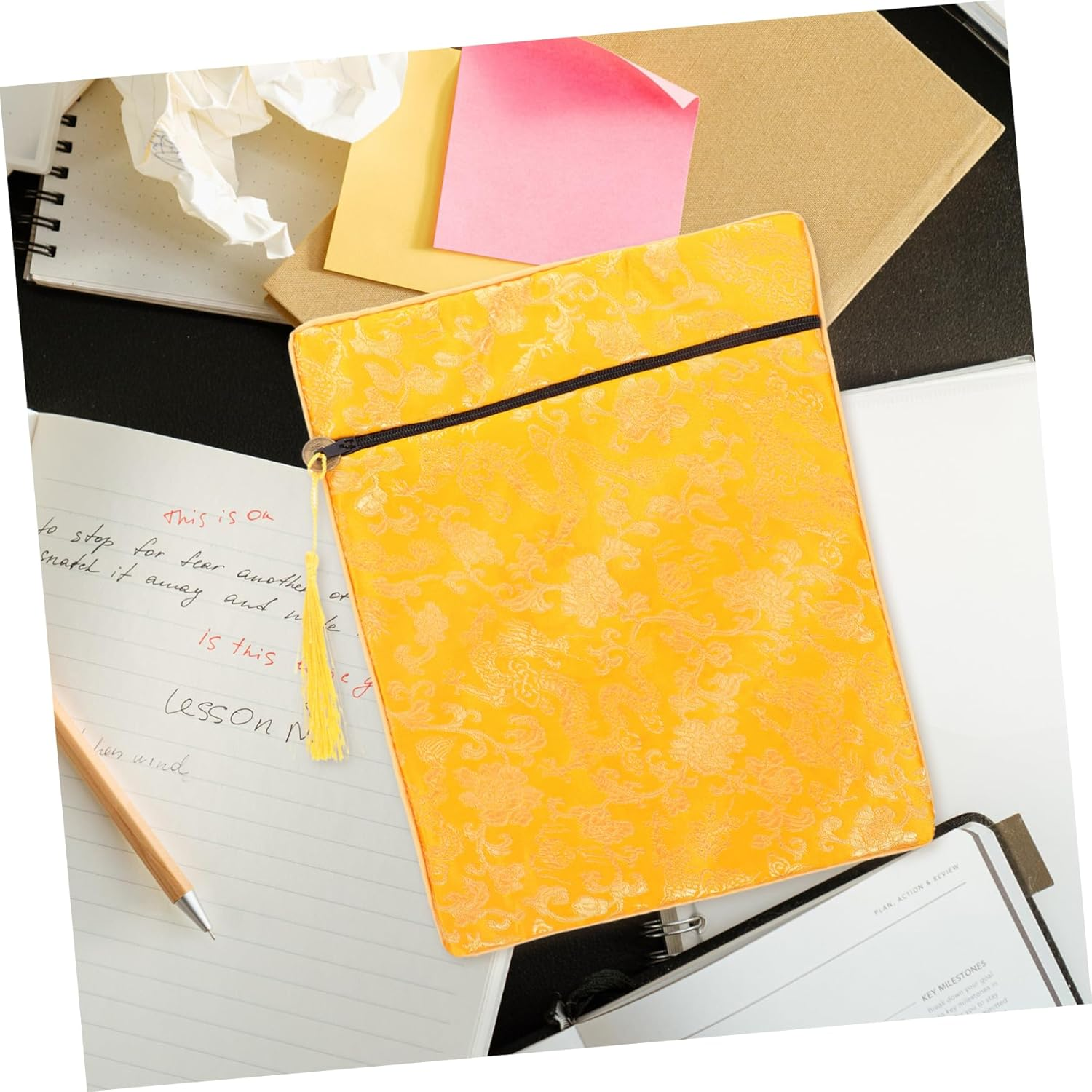 TIDTALEO Buddhist Scriptures Storage Bag Yellow Brocade Fabric Wallet Pouch with Handle for Books Jewelry Prayer Beads Travel Organizer Carry Case image number 2