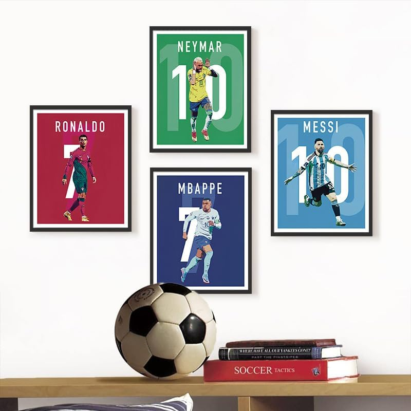 ZIENVE Soccer Canvas Poster Set &ndash; 6 Prints Featuring Messi, Ronaldo, Mbappe & Neymar &ndash; Football Superstars Sports Wall Art Decor for Boys&rsquo; Bedroom &ndash; 20X25Cm Unframed image number 3