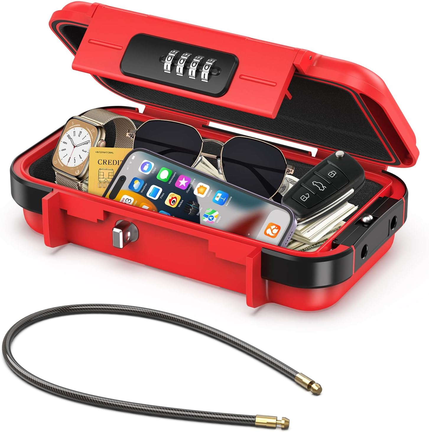 ORIA Portable Safe Box, Security Lock Box, Safe Lock Case with 4-Digit Code, Removable Wire Rope, Waterproof Key Lock Box for Passport, Credit Card, Phone, for Travel, Home, Office, Hotel, Beach