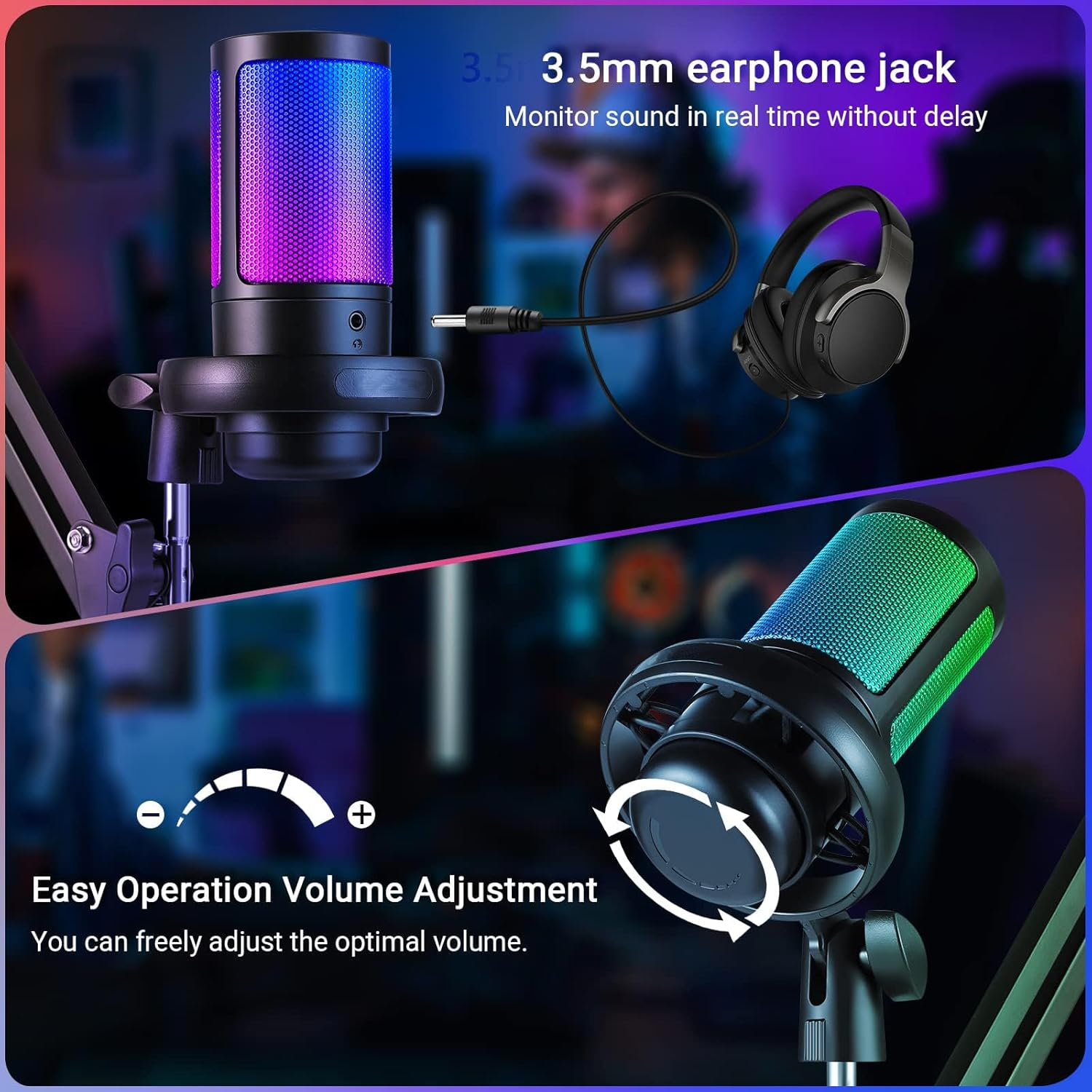USB Microphone Gaming Mic with RGB Light, Condenser PC Podcast Microphone with Volume Control, Mute Button, Tripod Stand 3.5Mm Headphone Jack Compatible with Windows, Mac OS, Smartphones (Black) image number 6
