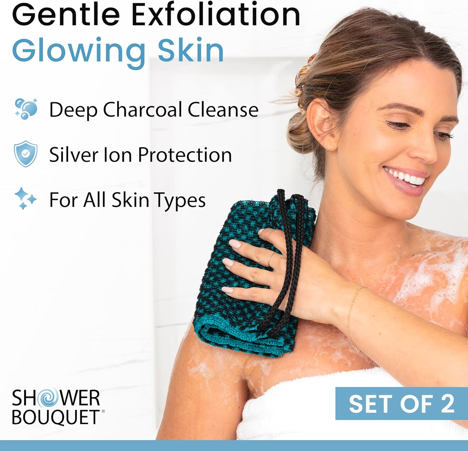 Japanese Exfoliating Washcloth Back & Body 2-Pack by Shower Bouquet: Silver Ions Prevent Bacteria, Activated Charcoal Removes Impurities; 1 Charcoal Blue, 1 Charcoal Green Exfoliating Towel, Soft Mild image number 3
