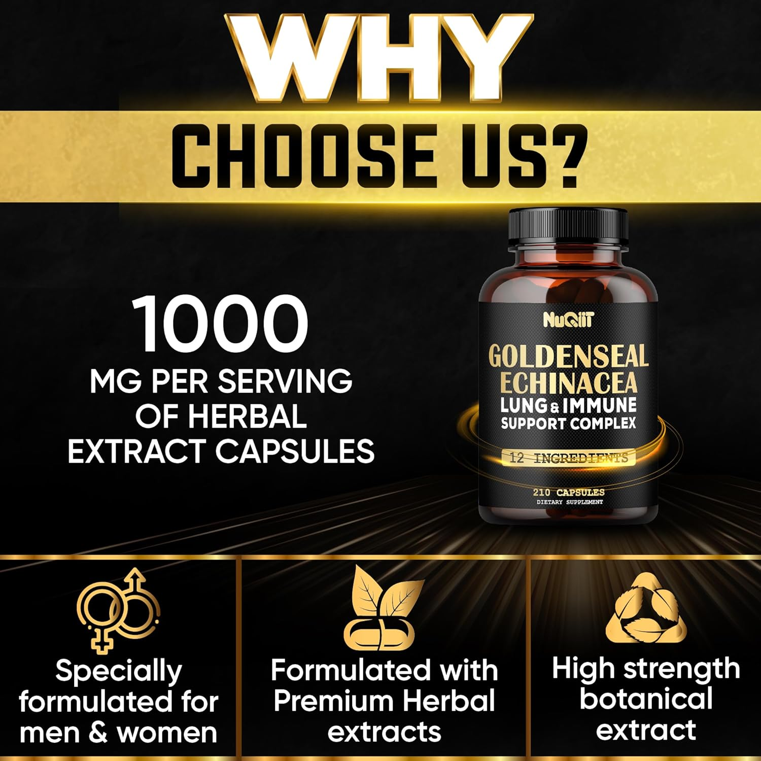 210 Capsules - 1000Mg Goldenseal Root Capsule with Panax Ginseng Root, Bromelain, Immune Support Complex as Elderberry, Garlic Bulb - Digestive Health, Body Balance & More - Goldenseal Root Powder