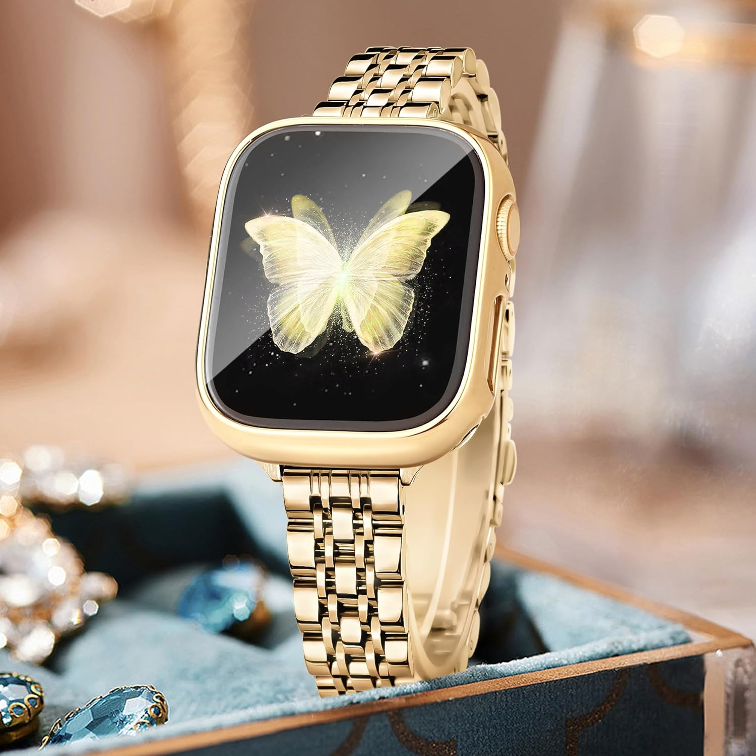 Ocaer Compatible with Apple Watch Bands with Case 40Mm 41Mm 42Mm 44Mm 45Mm 46Mm, Slim Metal Band with Screen Protector for Iwatch Series 11 10 9 8 7 6 5 4 SE 3,Stainless Steel Strap Women image number 1