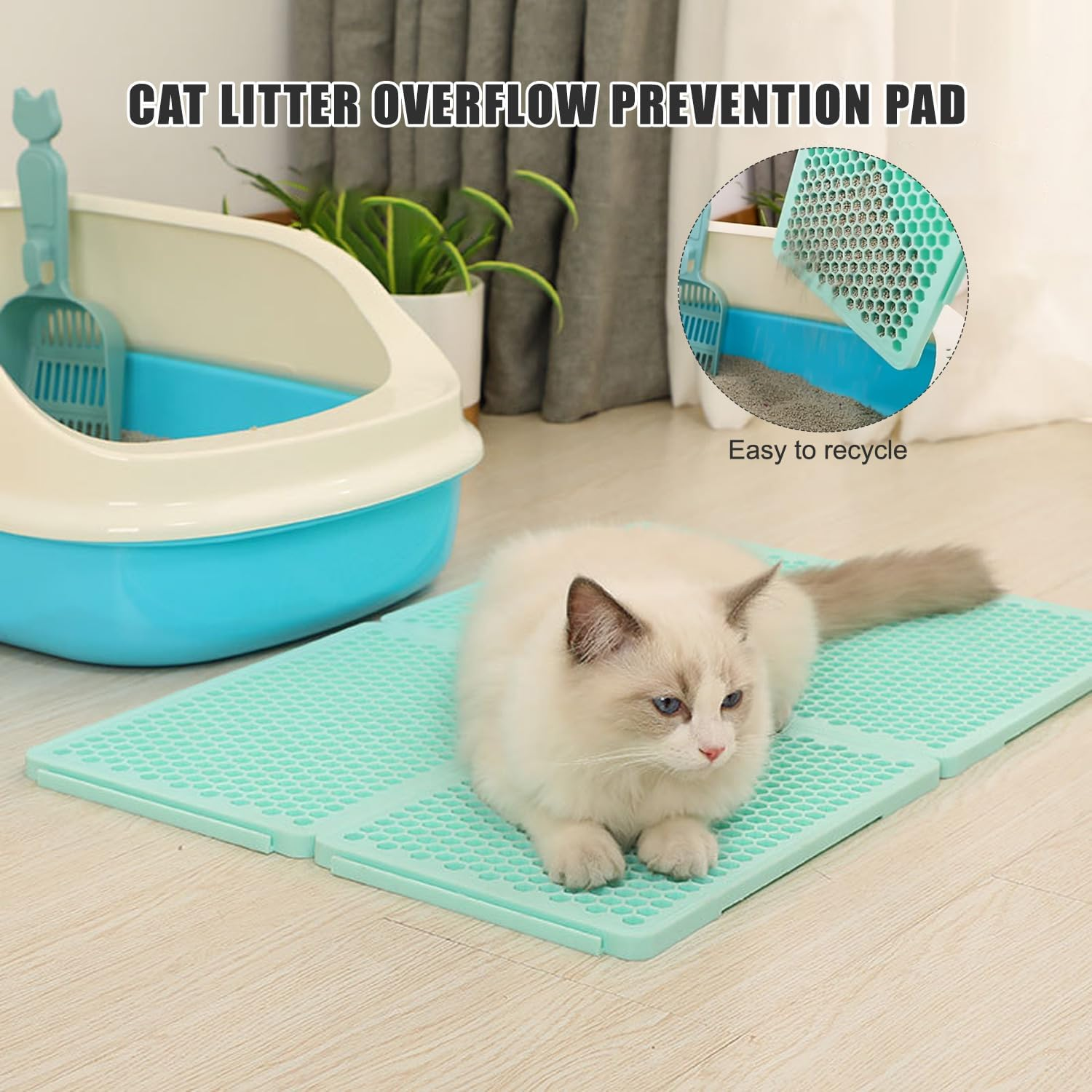 Cat Litter Tray Mat, Honeycomb Design, Cat Litter Tray Mat, Cat Litter Mat, Mat for under Cat Litter, Waterproof and Non-Slip, TPE, Blue, 1 Side Connected image number 4