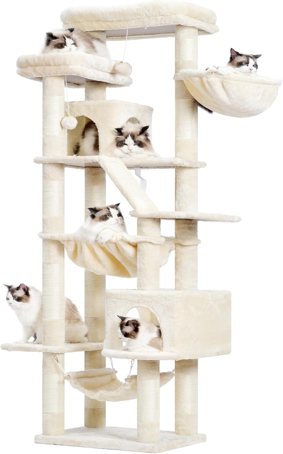 Heybly Cat Tree，71-Inch Tall Tower for Indoor Cats with 2 Perches, 2 Big Condos, 2 Hammocks, Basket, Scratching Pad，Large Cat Furniture and Condo, Light Gray HCT034W