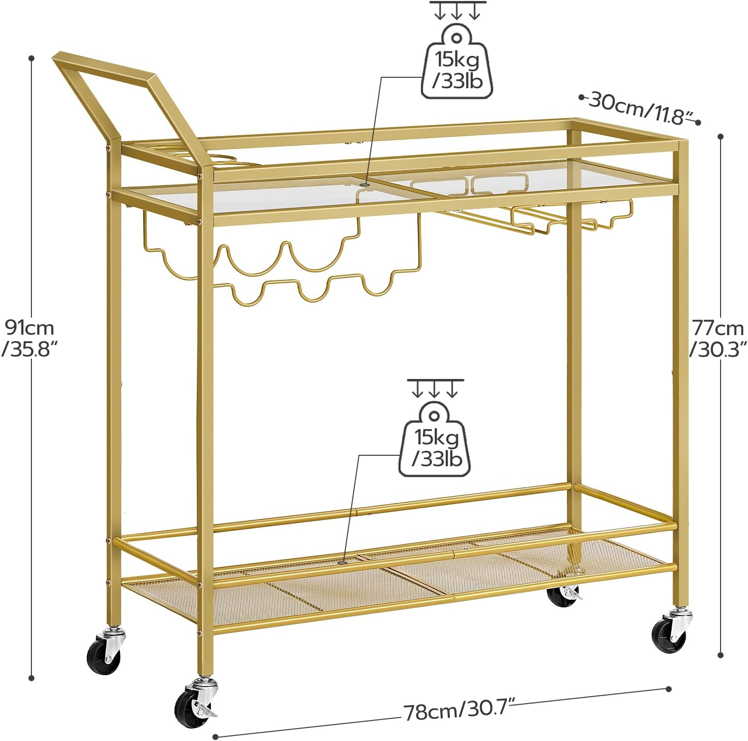 HOOBRO Bar Cart for the Home, 2-Tier Kitchen Cart with Wine Rack and Glass Holder, Serving Cart with Wheels and Guard Rails for Dining Room, Living Room, Party, Bar, Gold GD11TC01 image number 1
