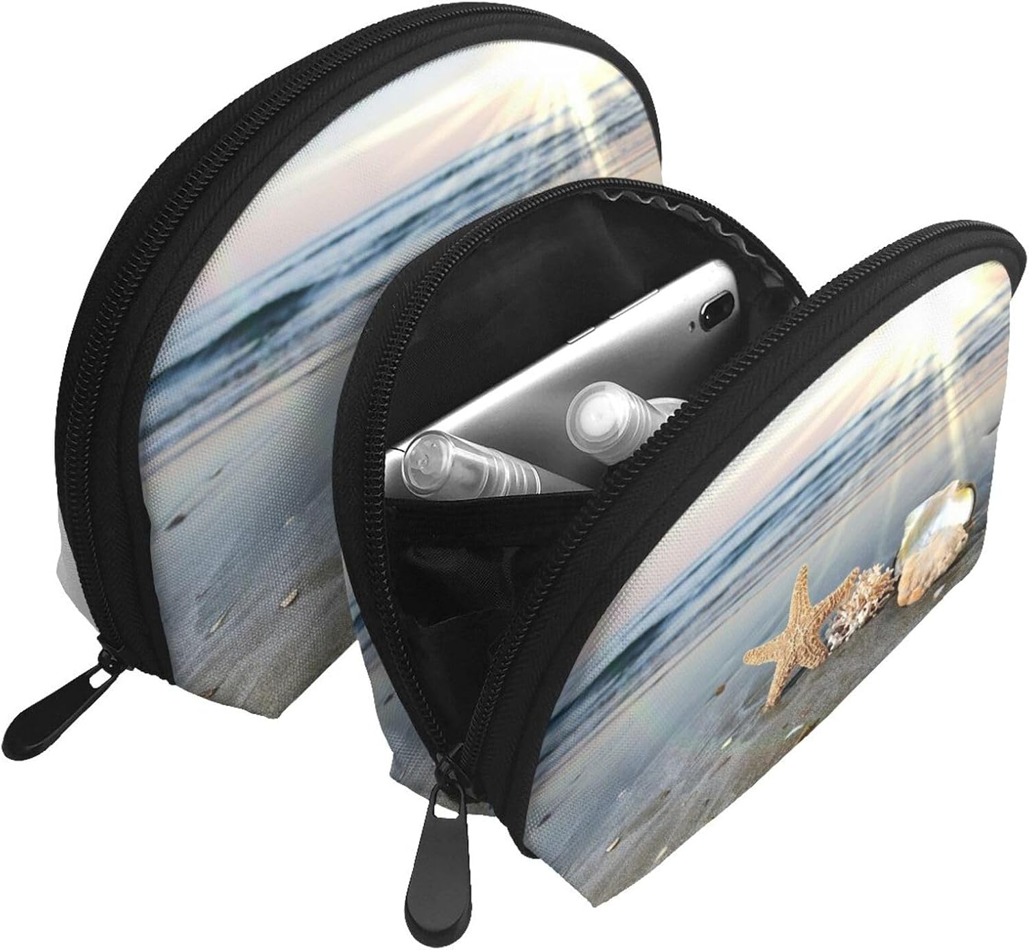 Coin Pouch Makeup Bags Set, 2 Piece Shell Shape Cosmetic Bag with Pockets for Daily Travel Handbag Lipstick Keys Toiletry, Personalized Starfish Shell Sunny Beach image number 3