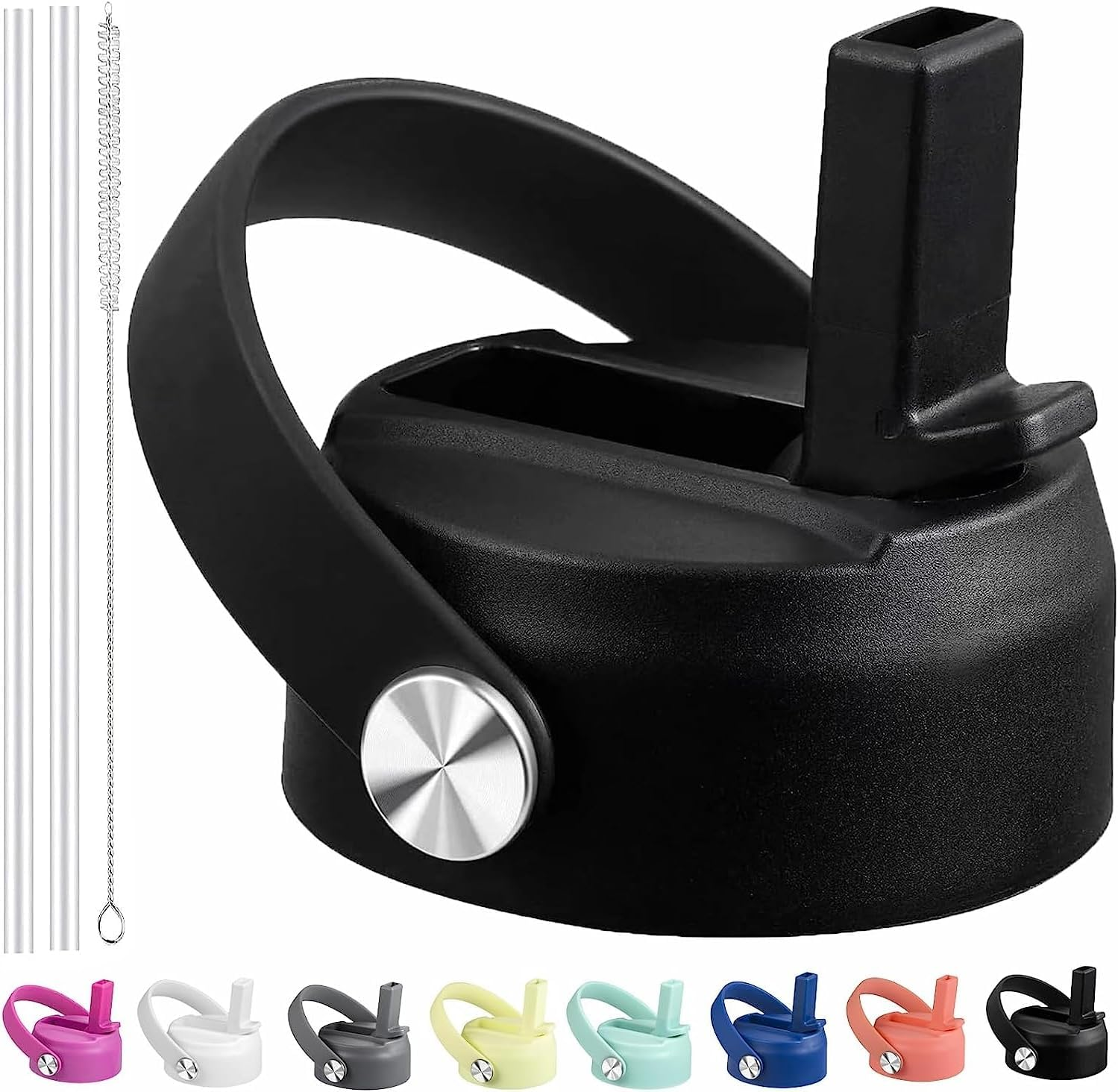 FLORAPELL Straw Lid for Hydro Flask Wide Mouth Water Bottles, Top Lids with Straw Compatible with Hydro Flask 32 40 Oz, Replacement Cap Wide Mouth Accessories Flip Lid Flex Handle (Black - 2 Pack)