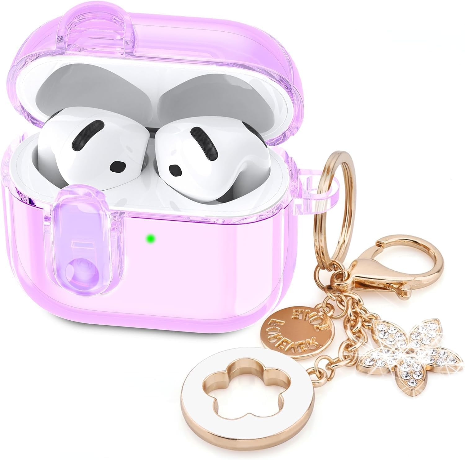 Oiltomn with Safety Lock Cute Clear Case Compatible with Apple Airpods 4 Cases 2024 Women, Soft TPU Transparency for Air Pods 4 Case Ipods 4 Earbuds Case Girl Bling Keychain -Purple
