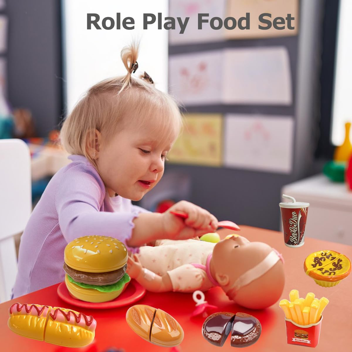 Play Food Toy Set for Kids Kitchen, Pretend Removable Fast Food Playset Cutting Toy with Hamburger ＆ French Fries Combo, Role Play Educational Kitchen Toy for Boys or Girls