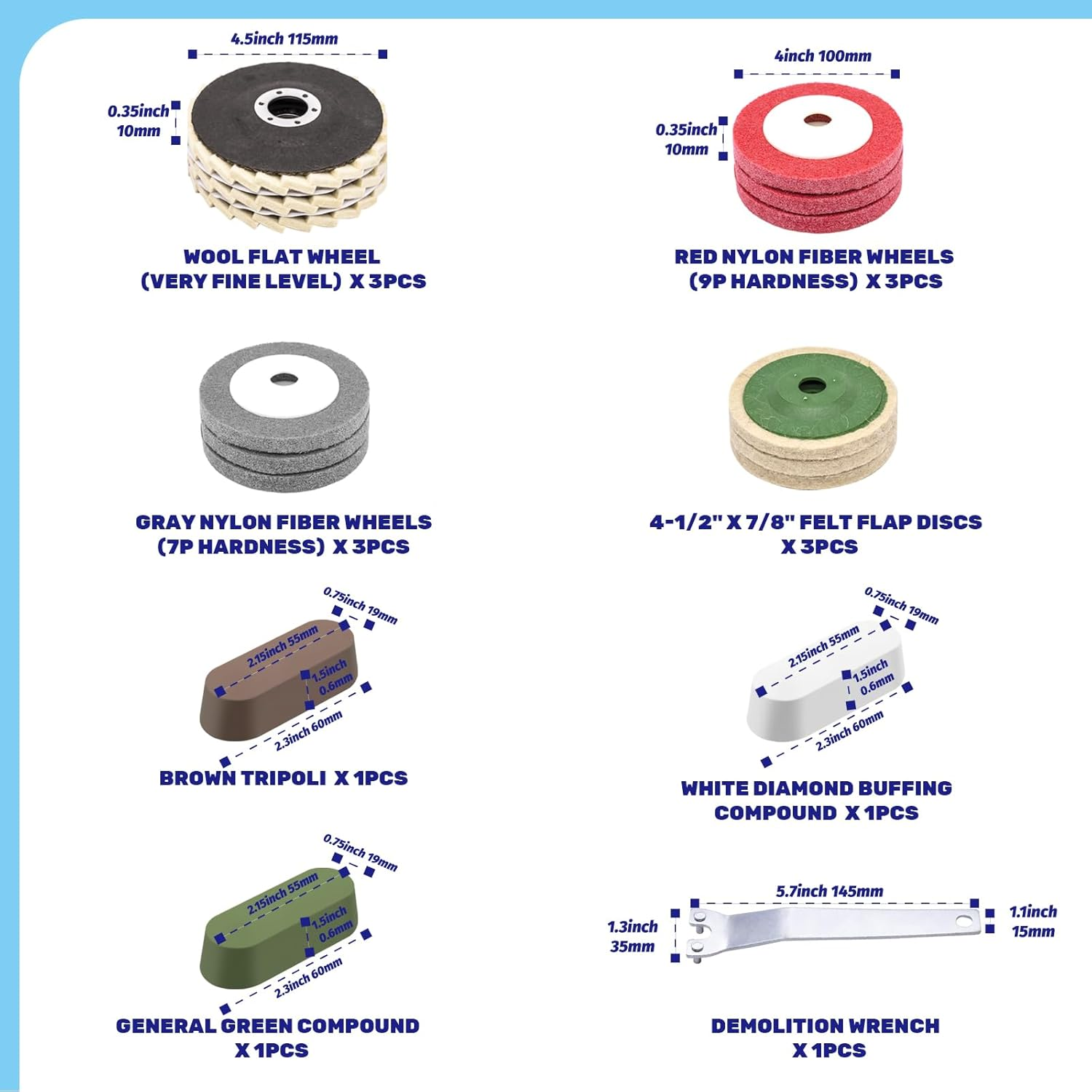 Waltool 16Pcs Assorted Buffer Wheel Set Contains 4-1/2 X 7/8 Inch Arbor Wool Felt Flap Disc, 4'' Wool Felt and Nylon Fiber Disc with 3 Polishing Compound & Metal Wrench for Angle Grinder image number 1