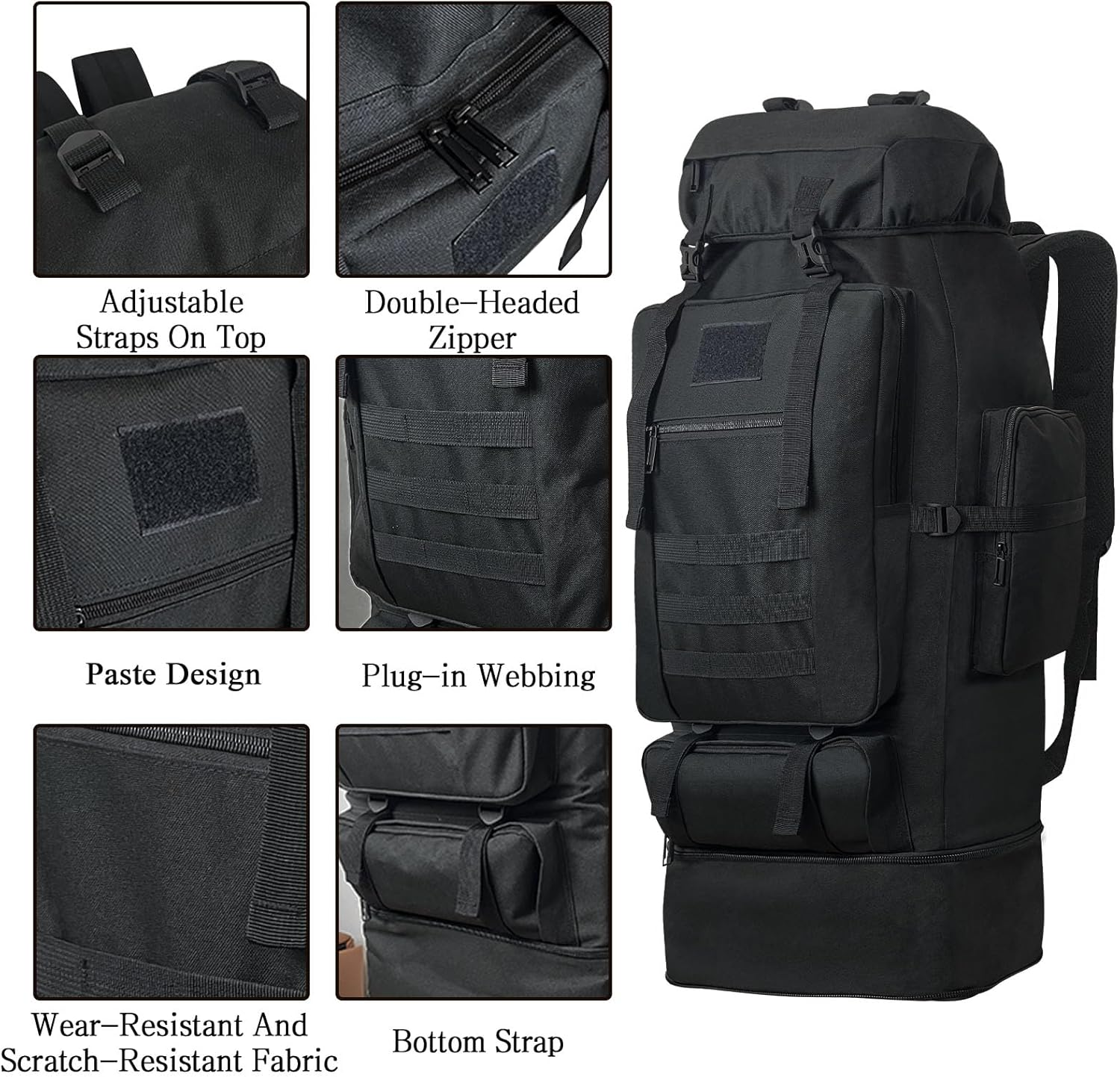 Lizbin 100L Hiking Backpack, Travel Backpack Military Tactical Backpack, Large Hiking Backpack, Travel Backpack for Women Men, Water Resistant Outdoor Sports Backpack, Adjustable Sport Bags (Black) image number 1