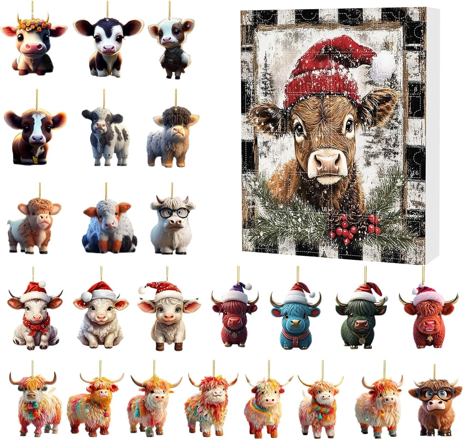 Highland Cow, 2024 Christmas Highland Cow, Highland Cow Hanging Ornaments for Christmas Decorations, Enjoy 24 Days Countdown Calendar