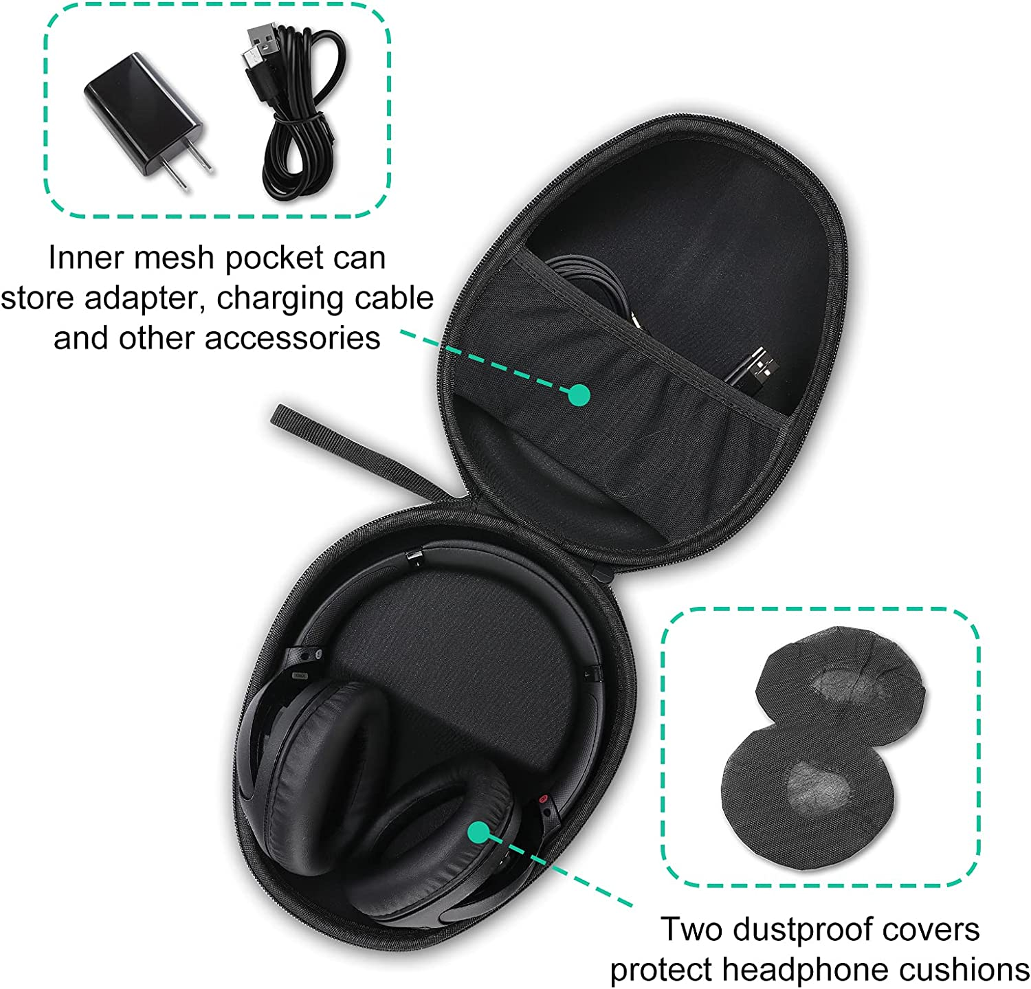 Procase Hard Headphone Case Travel Bag for Sony WH-1000XM5, WH-1000XM4, Beats Solo3, Bose QC, Hardshell EVA Carrying Case Headset Case with 2 Dust Covers - Black image number 5