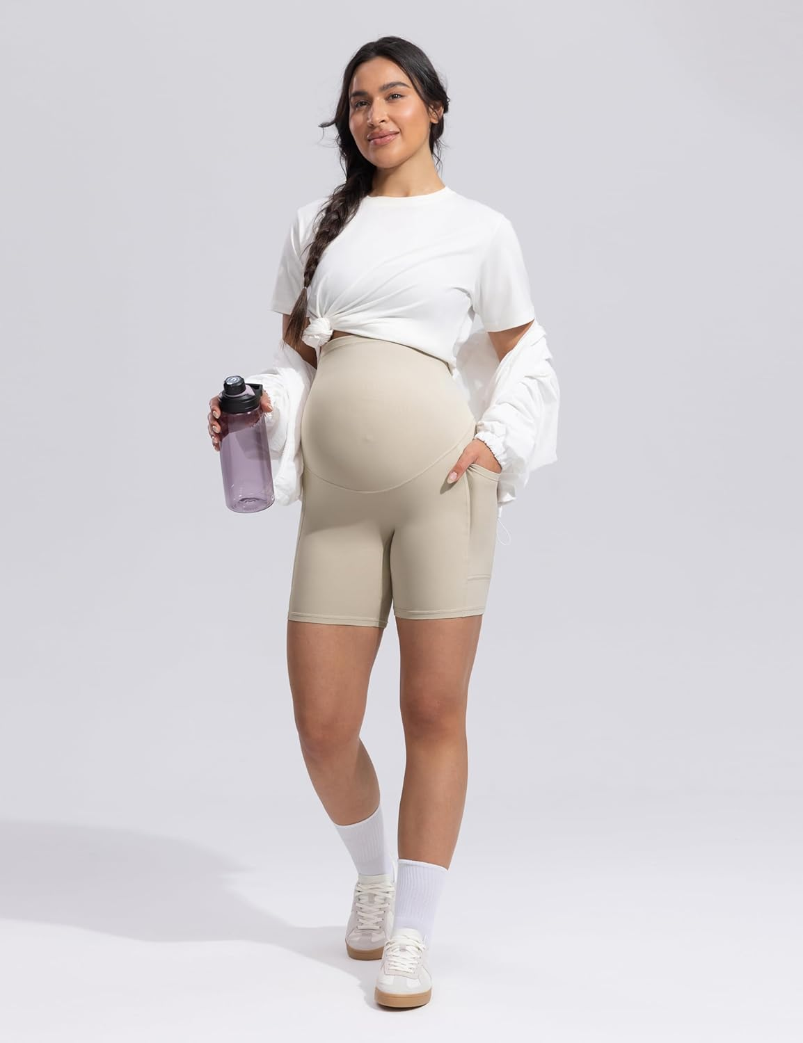 POSHDIVAH Women'S Creamluxe Maternity Biker Shorts over the Belly with Pockets - 6"/8" Summer Pregnancy Yoga Workout Short image number 2