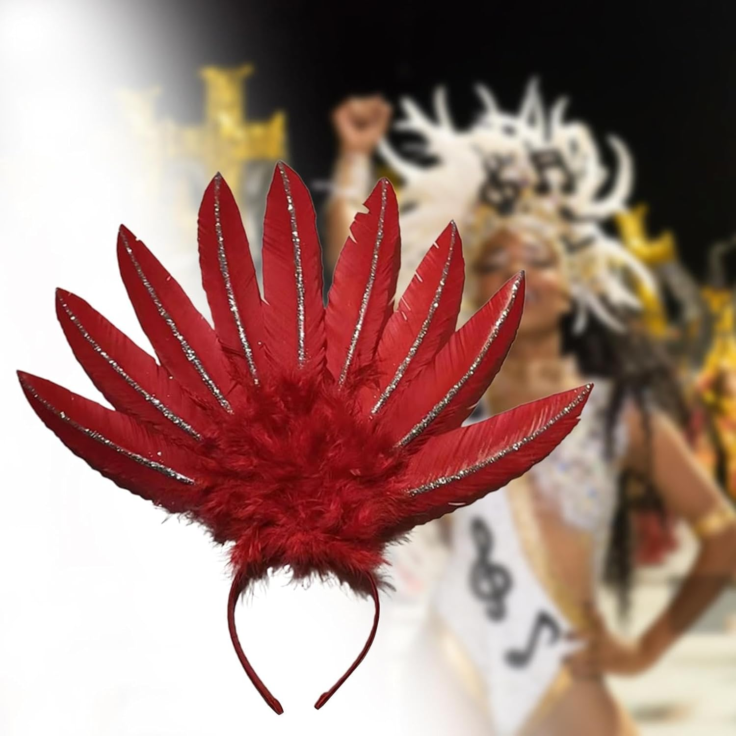 UGPLM Feather Headdress Headwear Costume Fascinator Headband Cosplay Hair Bands Headpiece for Halloween Dance Performance Festival, Red