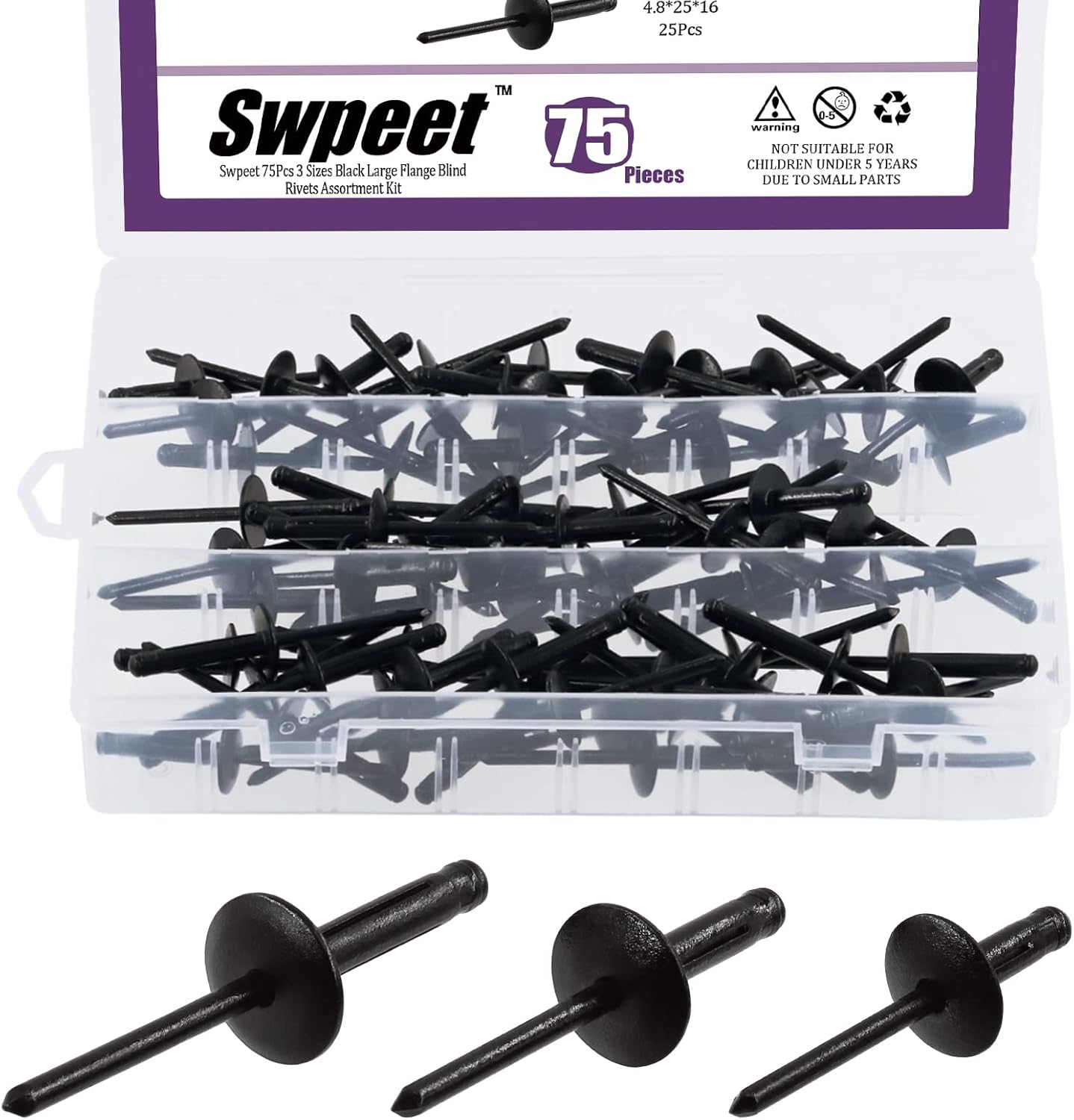 Swpeet 75Pcs 3/16" X 3/8" / 4/5" / 1" All Black Large Flange Aluminum Blind Rivets Kit, Black Pop Rivets Open End Type Pop Rivet for Indoor and Outdoor Use image number 2