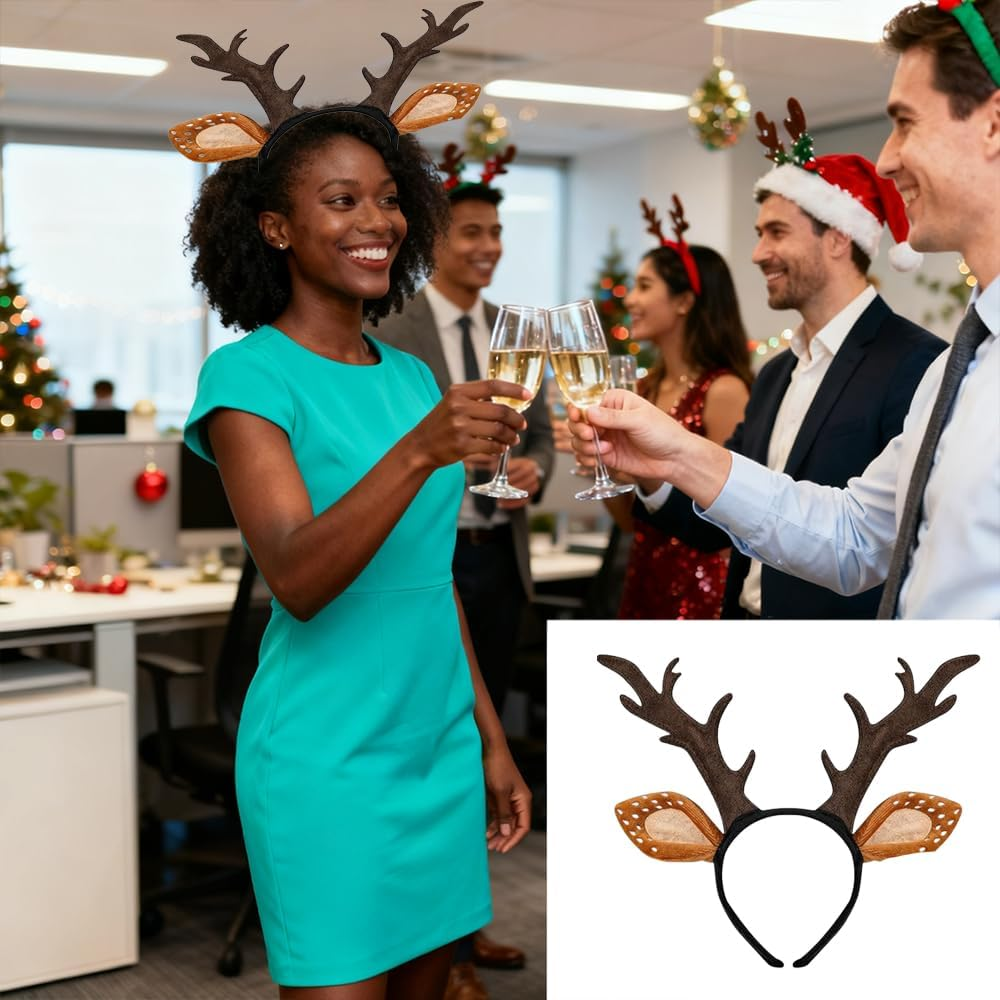 Christmas Reindeer Antlers Headbands with Red Nose and Tail Set Deer Antlers Headband Christmas Reindeer Ears Headband for Xmas Party Favors Cosplay Costume Supplies image number 4