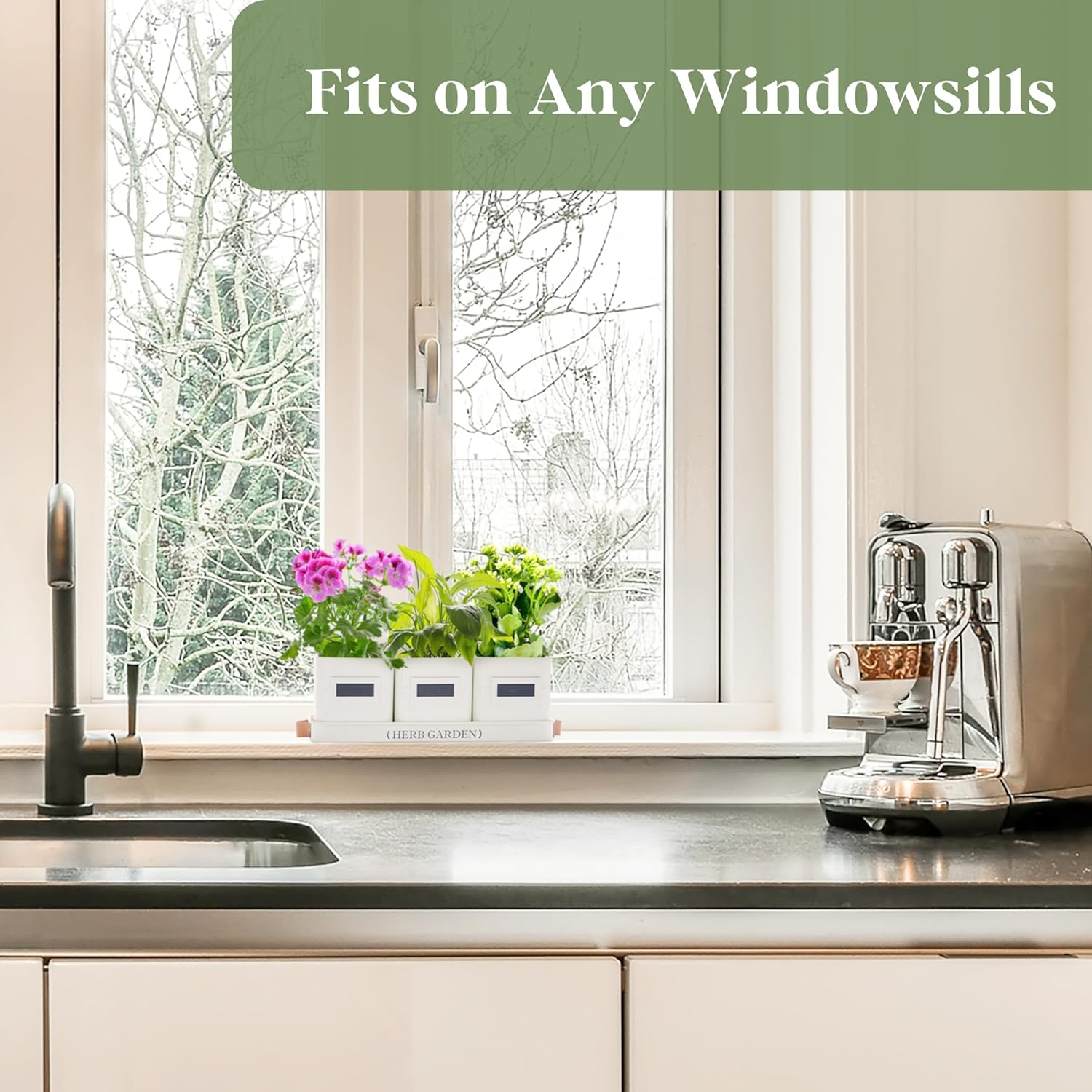 PERFNIQUE Indoor/Outdoor Herb Garden Planter Set, Farmhouse Style, White, 4.4" W X 4.7" H, 14.2" L X 4.9" W X 1.2" H Tray, Windowsill Herb Garden, Drainage System - Sky Blue image number 2