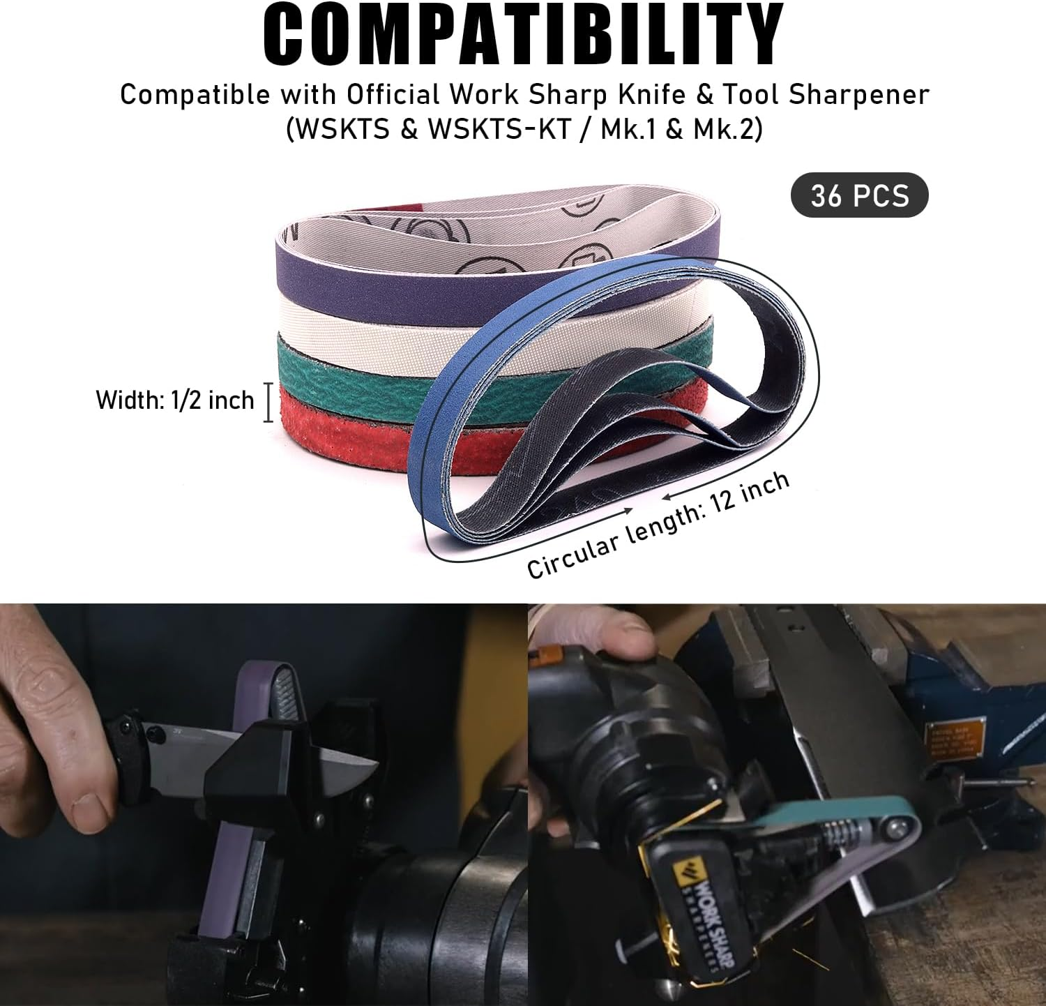 36 Pack 1/2" X 12" Replacement Knife Sharpener Sanding Belts for Official Work Sharp Knife & Tool Sharpener (WSKTS & WSKTS-KT/MK.1 & MK.2), 80/120/240/400/600/800/1000/2500/5000 Grit image number 6