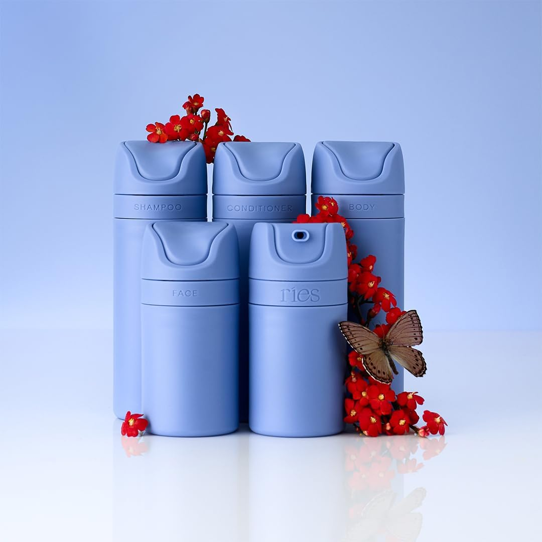 RIES Essential Refillable Toiletry Travel Bottles &ndash; Set of 5 (3.4Oz & 1.7Oz) Airless Pump Containers for Shampoo, Conditioner, Body, Face &ndash; Leak-Proof, Tsa-Approved, Dishwasher Safe- Runaway Blue image number 7