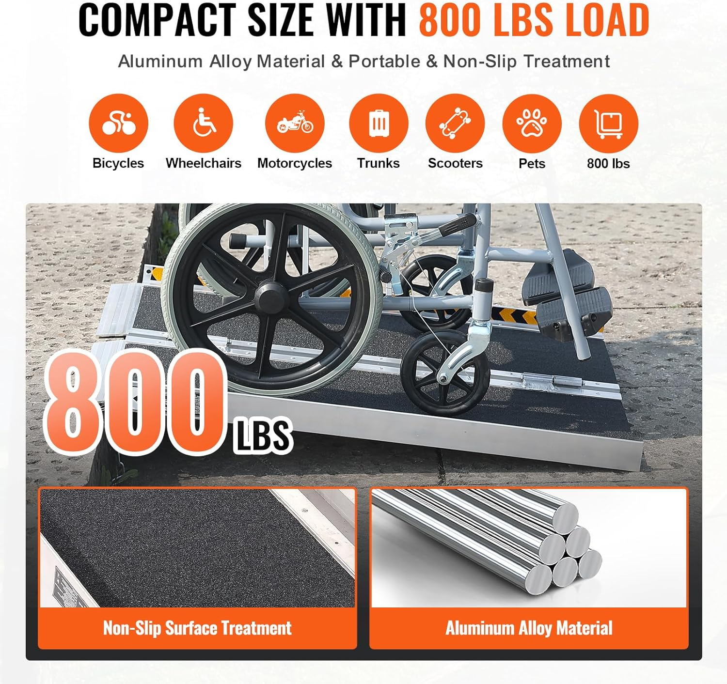 VEVOR Portable Wheelchair Ramp, 91 Cm 363 Kg Capacity, Non-Slip Aluminum Folding Threshold Ramp, Foldable Mobility Scooter Ramp Wheel Chair Ramp, Handicap Ramp for Home Steps, Stairs, Doorways, Curbs image number 6