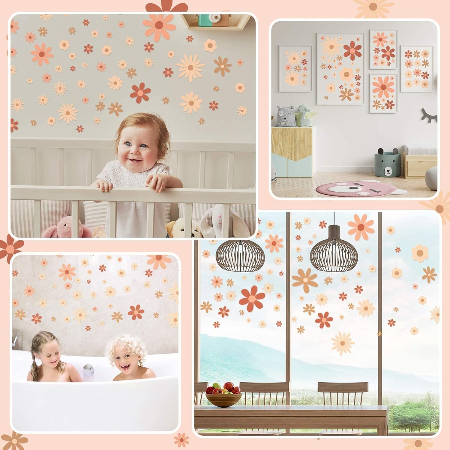 90Pcs Daisy Vinyl Wall Decals, Boho Wall Decal Daisy Stickers, Girls Groovy Peel & Stick Floral Stickers for Kids Nursery Wall Art Bedroom Classroom Living Room Decor(9 Sheets) image number 4