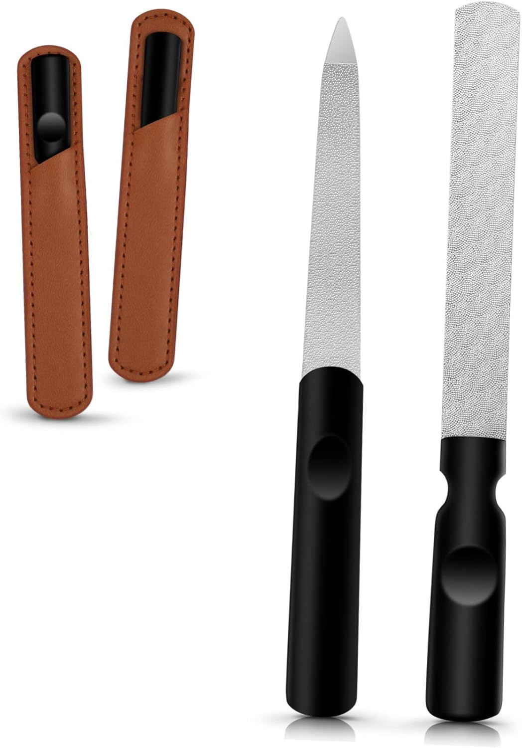 WOONEKY 2Pcs Stainless Steel Nail Files with Non Slip Ergonomic Handle and Leather Case Manicure Pedicure Tool for Fingernail and Toenail Polishing Washable and Resistant Professional image number 3