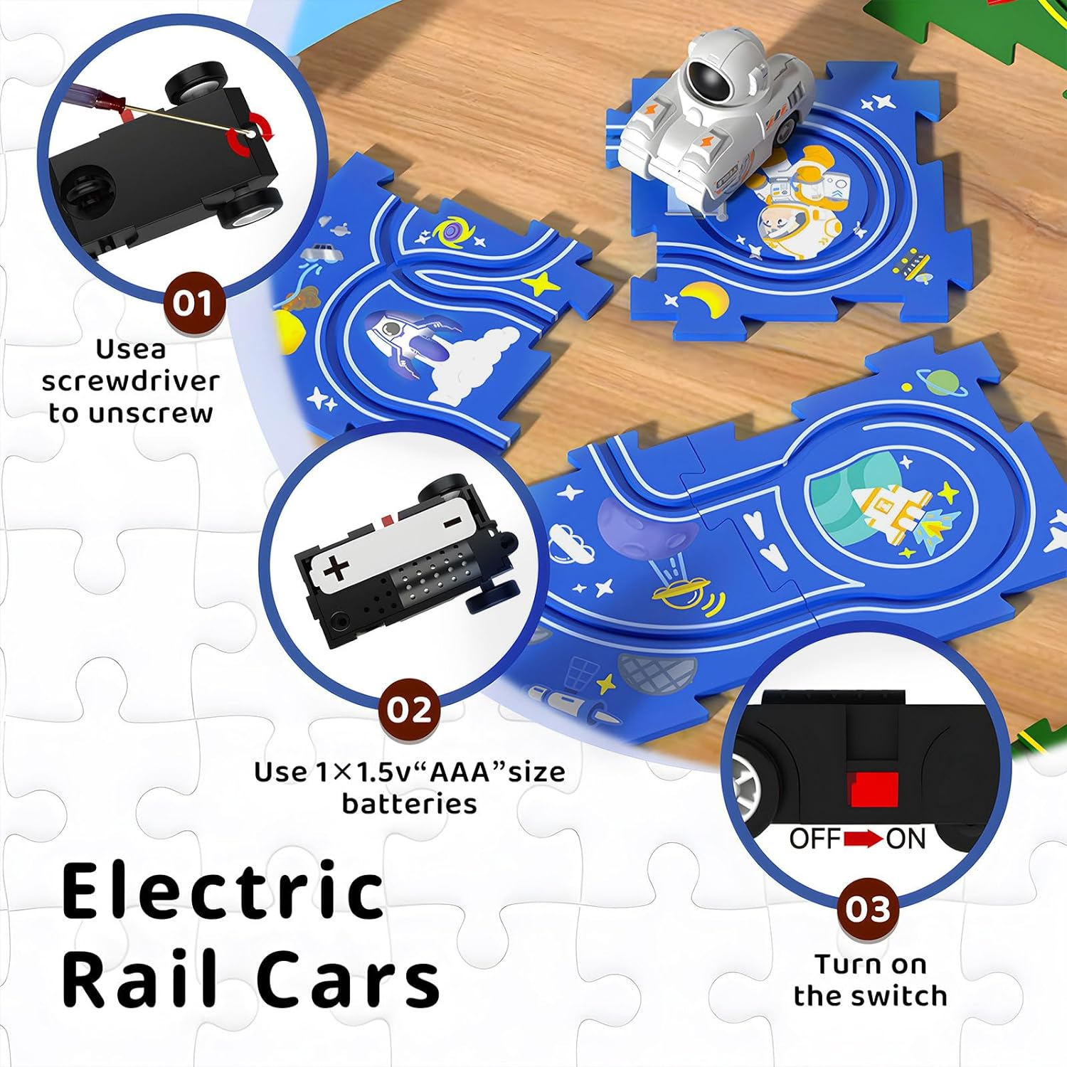 Space Astronauts Theme Puzzle Track Car Playset for Kids, Puzzle Mat Rail Train STEM Montessori Toys, DIY Road Builder Board Game Educational Gift Toys for 3 4 5 6 7 Year Old Boys image number 3