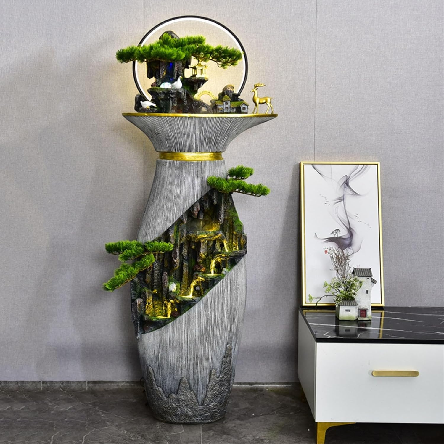 Outdoor Fountain Large Indoor Floor Fountain, Resin Water Bottle Garden with LED Light, Chinese Fengshui Lucky, Home and Office Decoration