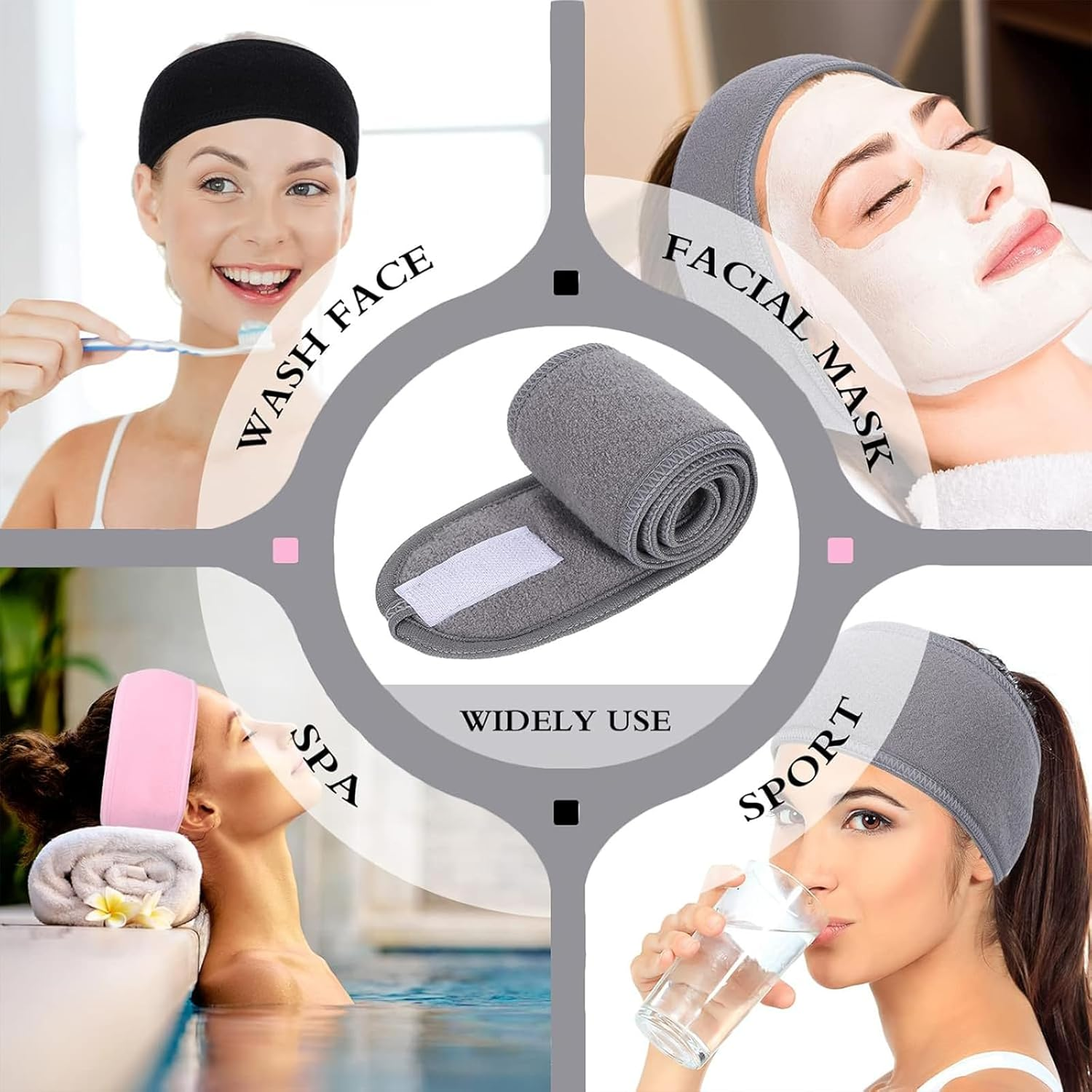 Yeanifeana 3 Pack Spa Headbands, Adjustable Soft Terry Cloth Head Wrap for Face Washing, Makeup, Shower, Facial & Yoga, Non-Slip Comfort Fit (Black, Pink, Gray) image number 1
