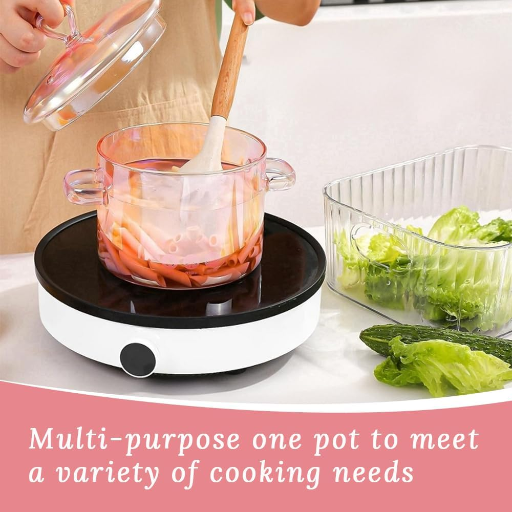 GUDAJIN Pink Transparent Glass Pot, 1500 Ml Soup, Stew, Cooking Pot, Heart-Shaped Handle Lid, Suitable for Pasta, Soup, Milk, Noodles, Vegetable Soup and Salad (Pink) image number 2