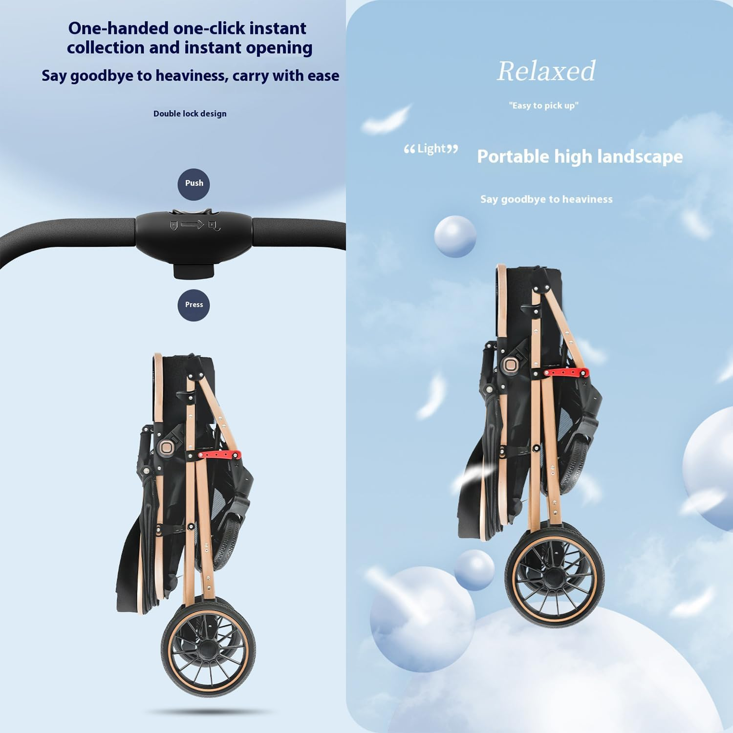 Xcjump Baby Stroller 3 in 1, High Landscape Travel Pram, Lightweight One-Hand Fold, Convertible Reversible Seat, Shock-Absorbing PU Wheels, Adjustable Canopy,Compact & Portable for Newborns & Toddlers image number 6