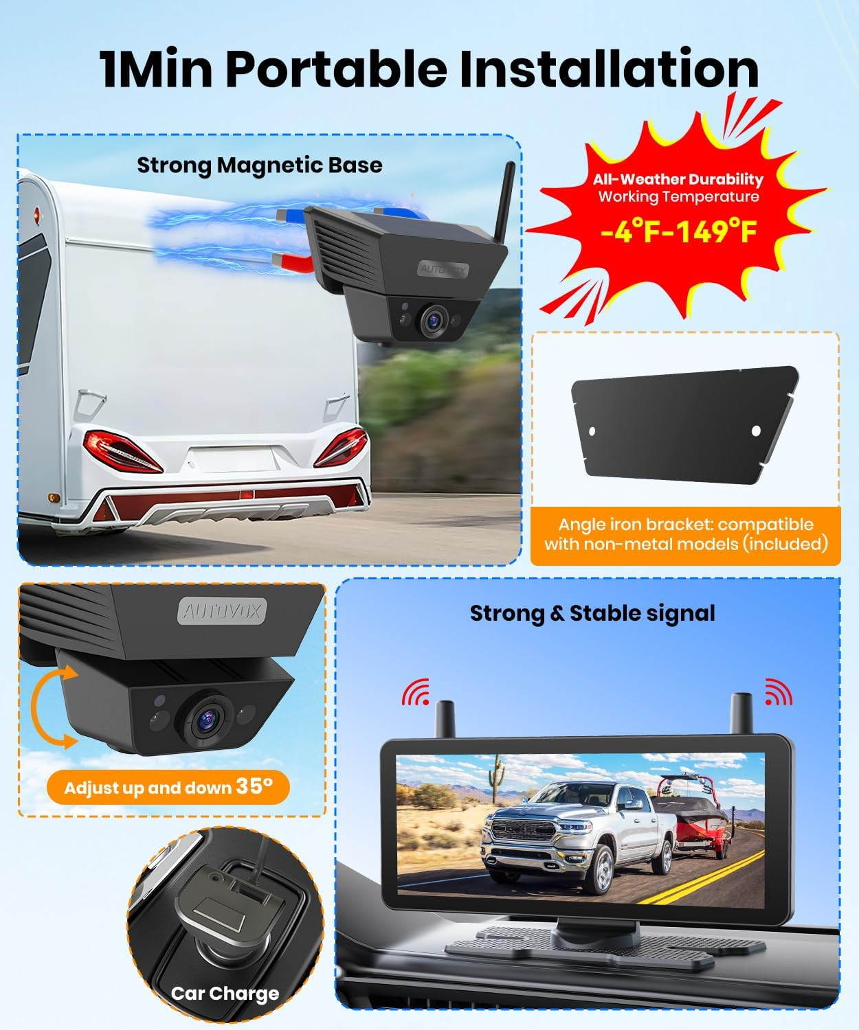 AUTO VOX Wireless Backup Camera Solar Magnetic: with 7.2" DVR 1080P 2 Split Recording Monitor, Dual Antenna Stable Signal,Ip69K & 1-Min Install,Hd IR Night Vision for Truck, Trailer, RV, Camper image number 2