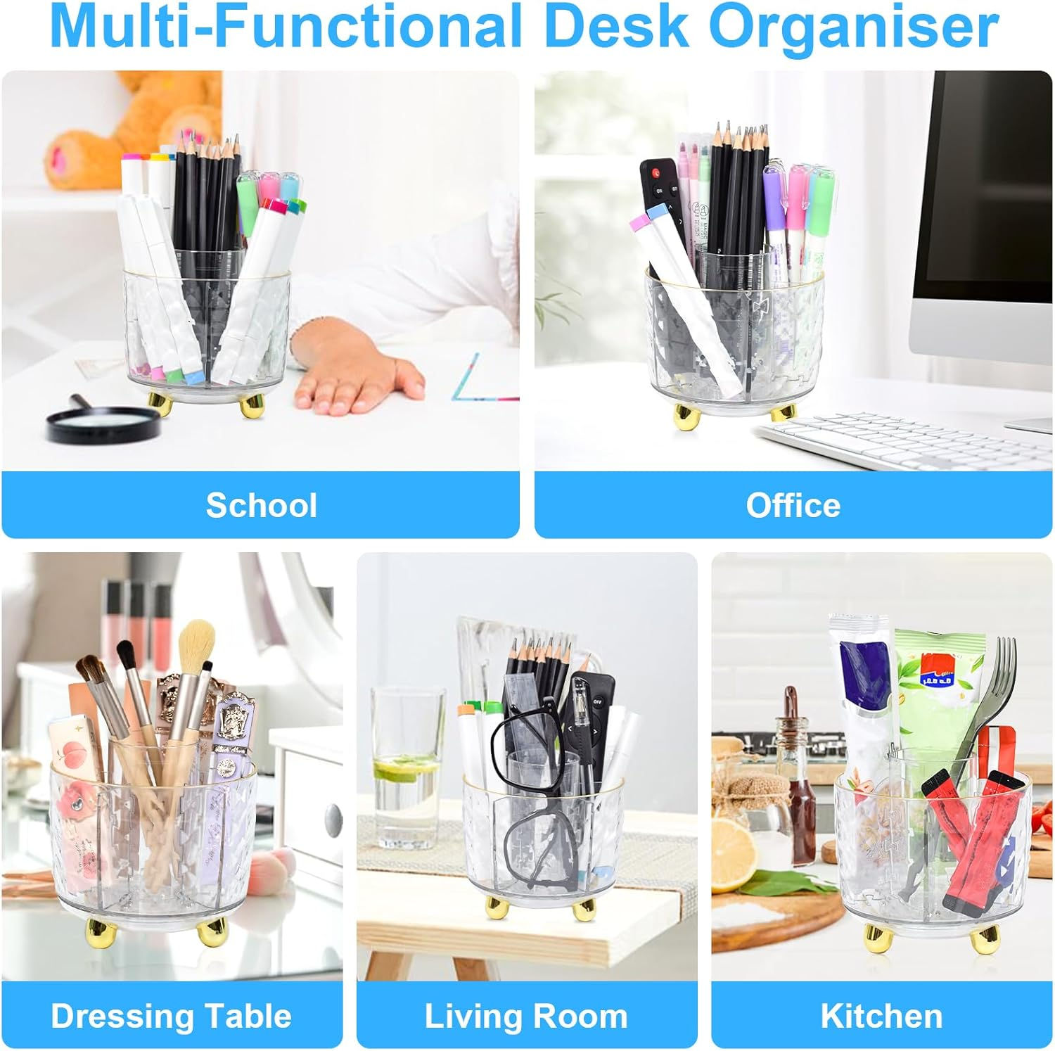 Marte Vanci Pen Pencil Holder, 360&deg; Rotating Makeup Organiser Brush Holder with Phone Stand, Pen Pot Brush Organiser 5 Slots Desk Storage Box Caddy for Dressing Table Office Stationery Clear Gold - Clear Silver image number 5