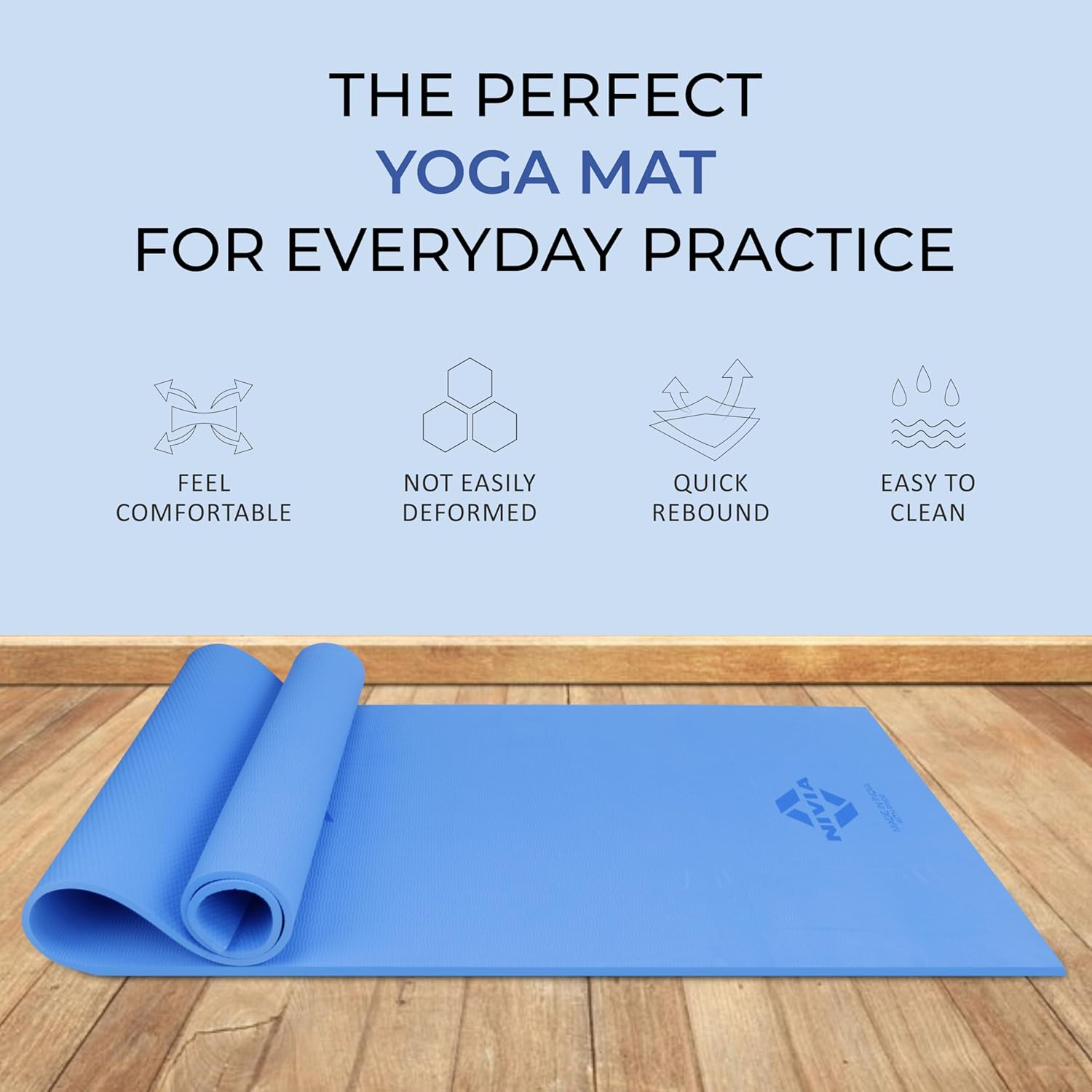 Nivia Ethylene Vinyl Acetate Anti-Skid Yoga Mat | Color: Blue | Size: 8Mm | 1453BL | Comfortable and Firm Cushioning | Eco Friendly | Use for Yoga & Exercise | Non-Slip Surface