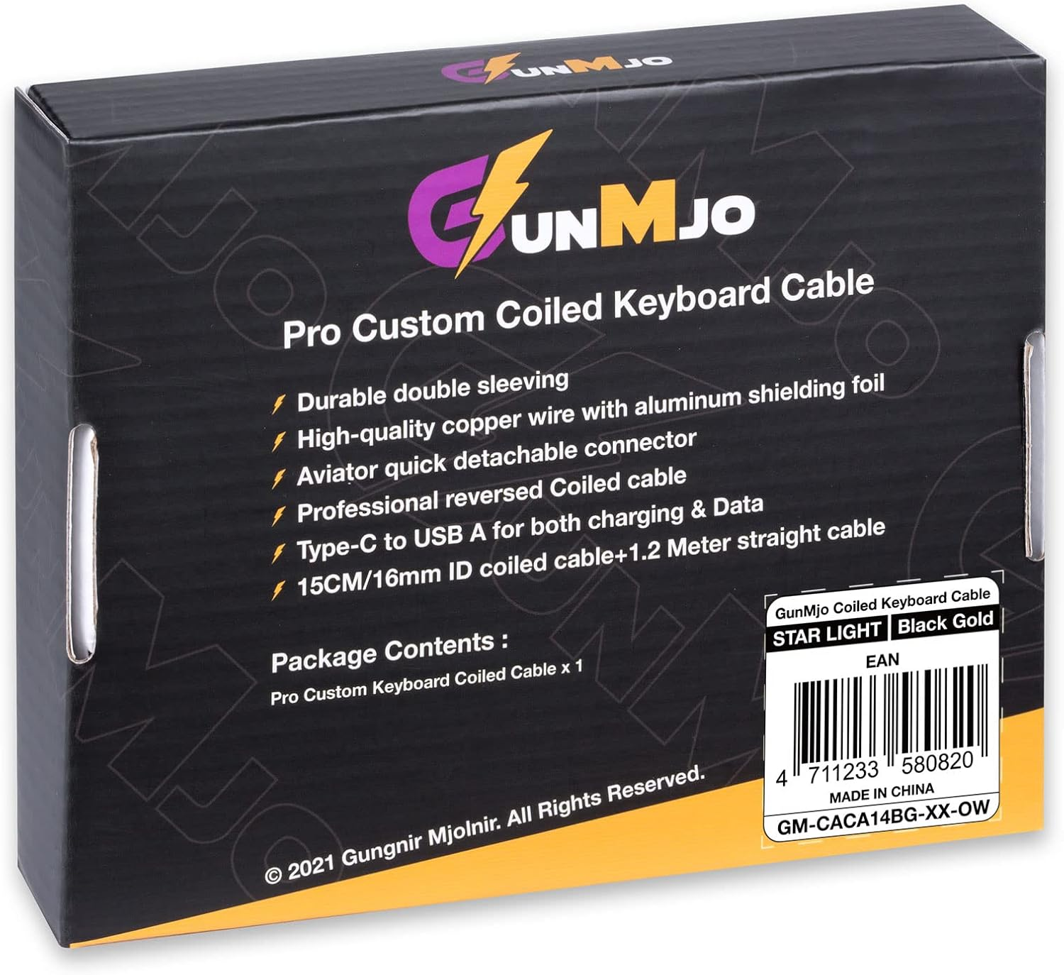 GUNMJO Starlight Coiled USB C Cable for Gaming Keyboard, Double-Sleeved Mechanical Keyboard Cable with Detachable Metal Aviator, 1.5M USB-C to USB-A, Black Color with Gold Aviator Connector - Gold, Black image number 6