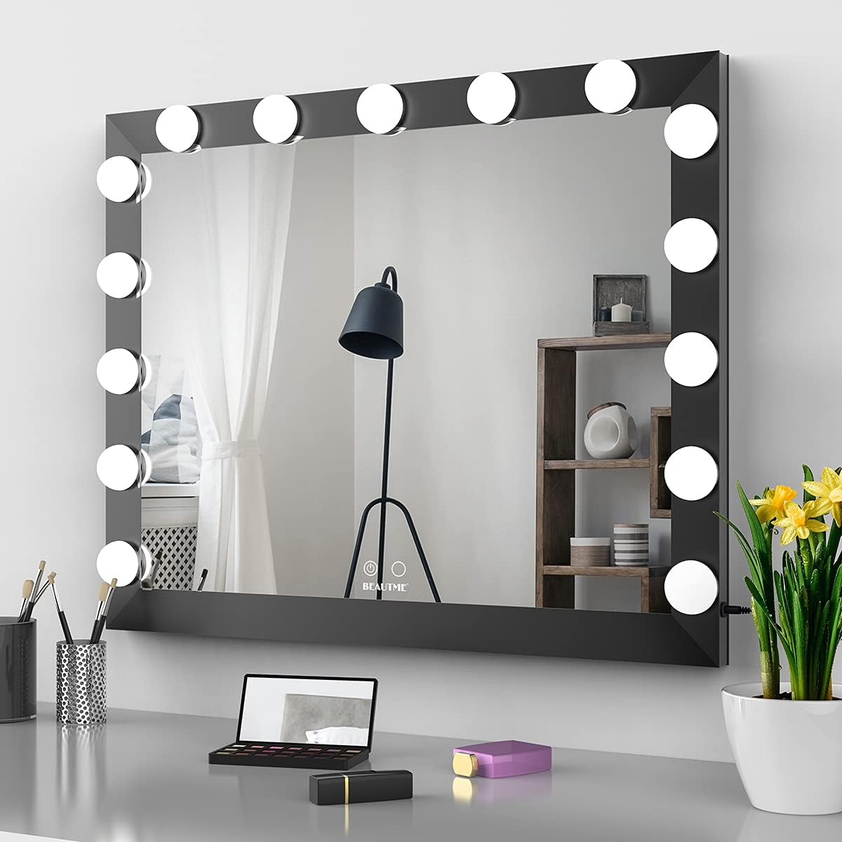 BEAUTME Hollywood Mirror,Lighted Vanity Mirror with Lights,Large Dressing Mirror Illuminated Cosmetic Makeup Mirror with LED Bulbs.Aluminum Bedroom Wall Mirror (Black, 68*55.2Cm) image number 4