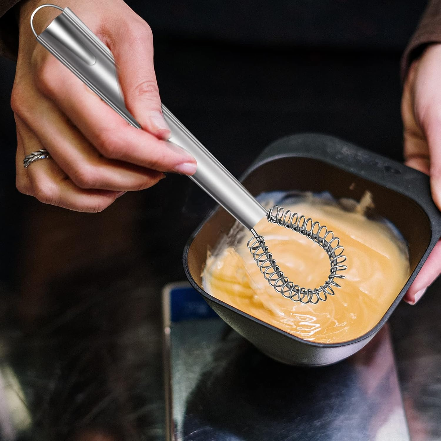 2PCS Stainless Steel Mini Whisk with Heat Resistant Silicone - Small Egg Beater, Manual Hand Whisker, Spring Coil Wire Blender for Kitchen, Coffee, Sauce, Milk, Cooking, Baking, Beating image number 3