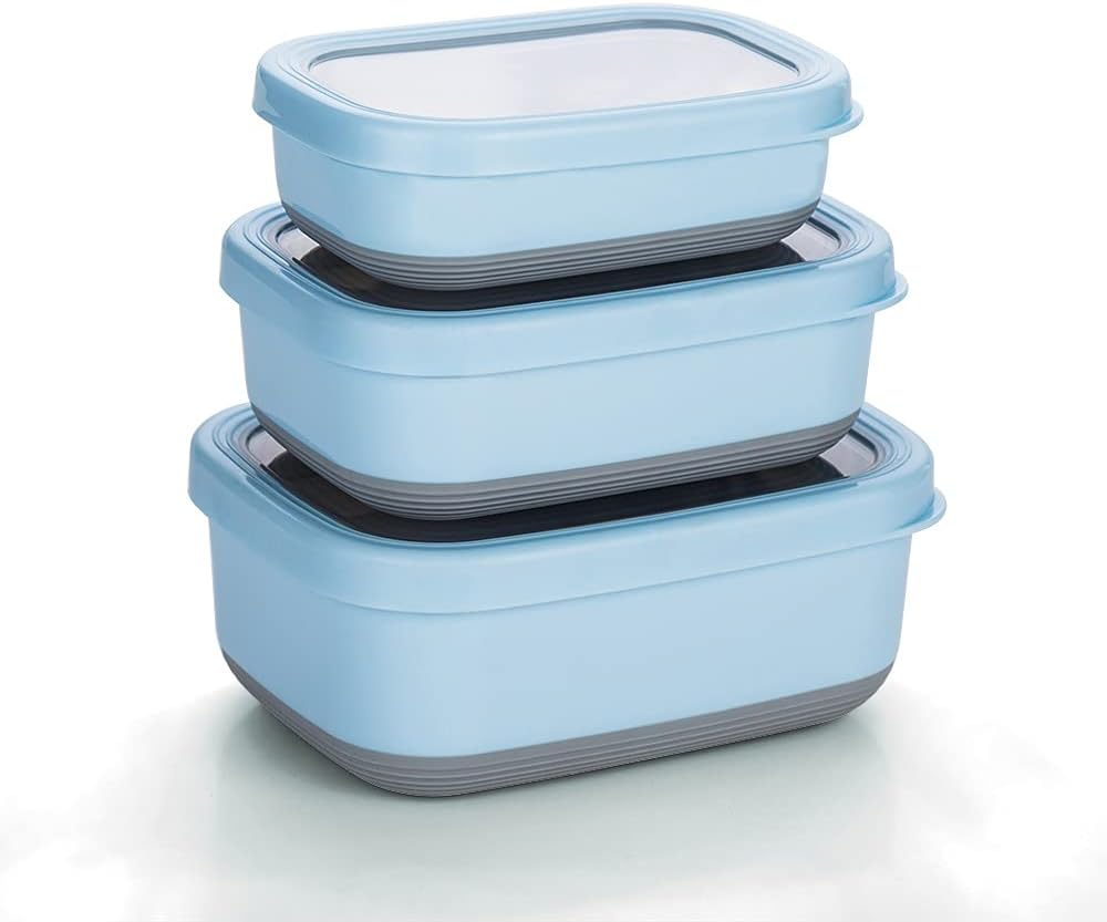 Lille Home Premium Stainless Steel Food Containers/Bento Lunch Box with Anti-Slip Exterior, Set of 3, 470ML, 900ML,1.4L, Leakproof, BPA Free, Portion Control