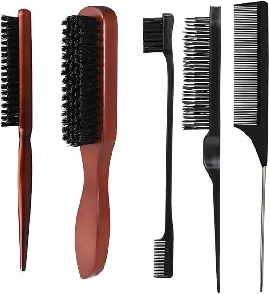 Weforu 5Pcs Boar Bristle Brush Set, anti Static Quiff Roller Hair Brush for Men and Women, Wooden Handle Bristle Slick Back Teasing Boar Bristle Sleek Styling Hair Brush image number 4