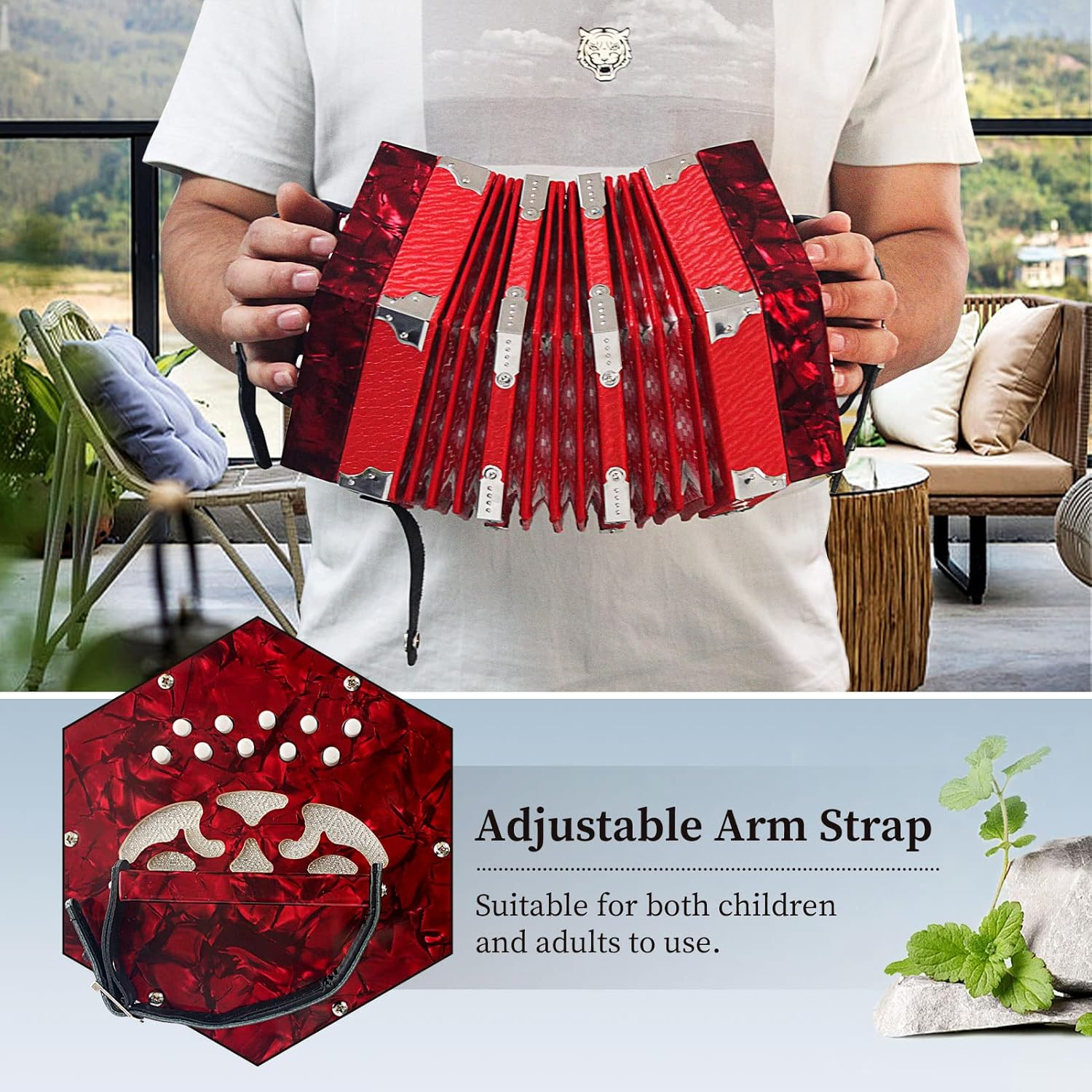 20 Buttons Accordion for Adults Professional Accordion for Beginners, Adjustable Hand Strap, Musical Instrument Accessories with Carrying Bag, Harmonica,Wipe Cloth（Red） image number 3