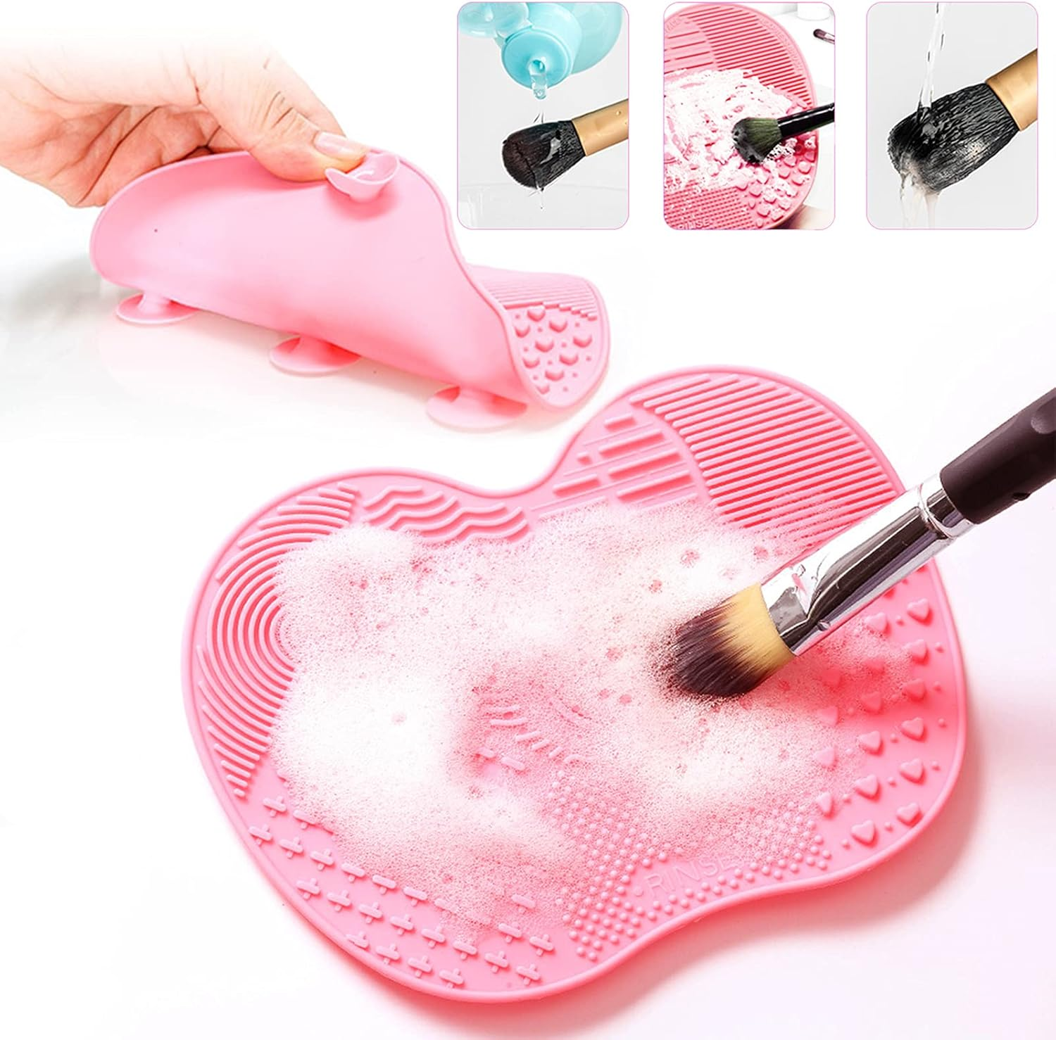 (Pink) - Makeup Brush Cleaning Mat, Silicone Makeup Brush Scrubber, Cosmetic Brush Cleaner, Brush Cleaning Pad, Foldable Makeup Brush Cleaning Bowl Suitable for Makeup Brush, Makeup Sponge, Powder Puff (Pink)