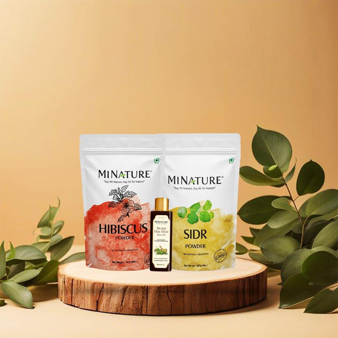 Frizzy Hair Combo by Mi Nature |Hibiscus (227G) Sidr (227G) Powder with Elixir Oil(100Ml) | for Natural Beautiful Hair | Hair Pack for Conditioning, Smooth, and Shinny, and All Types of Hair |