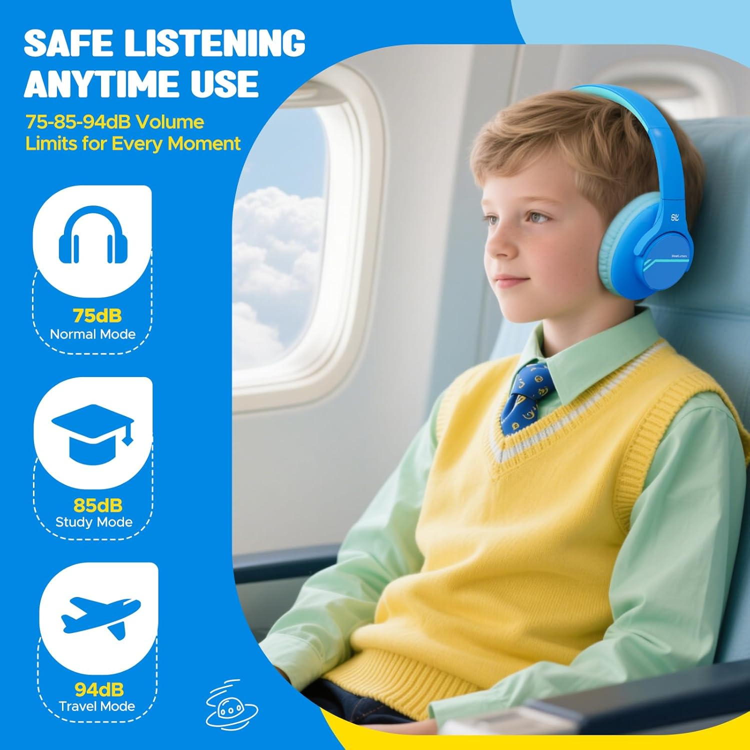 Steellumen Nova1Lite Kids Wireless Active Noise Cancelling Headphones, Bluetooth 5.3, Safe Volume 74/85/94Db, Real 40H Battery, Type-C Fast Charging, Built-In Mic for School Travel Airplane, Blue image number 2