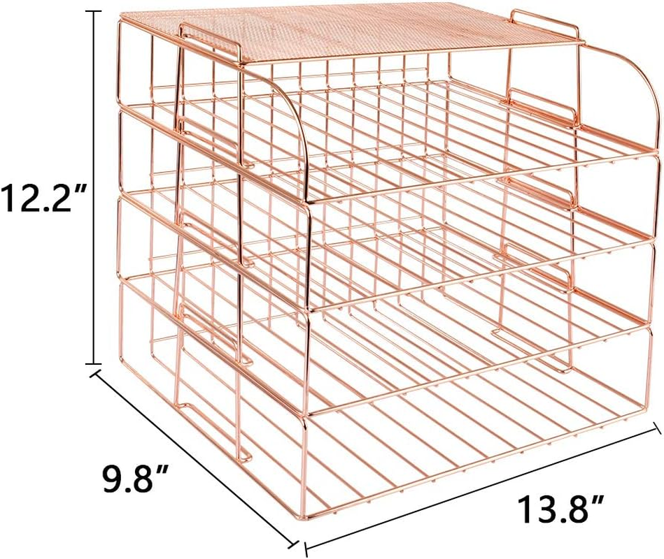 Spacrea Letter Tray, 4 Tier Rose Gold Desk Organizers and Accessories for Women, Stackable Paper Tray Organizer Desk File Organizer with 1 Upper Display Shelf (Rose Gold)