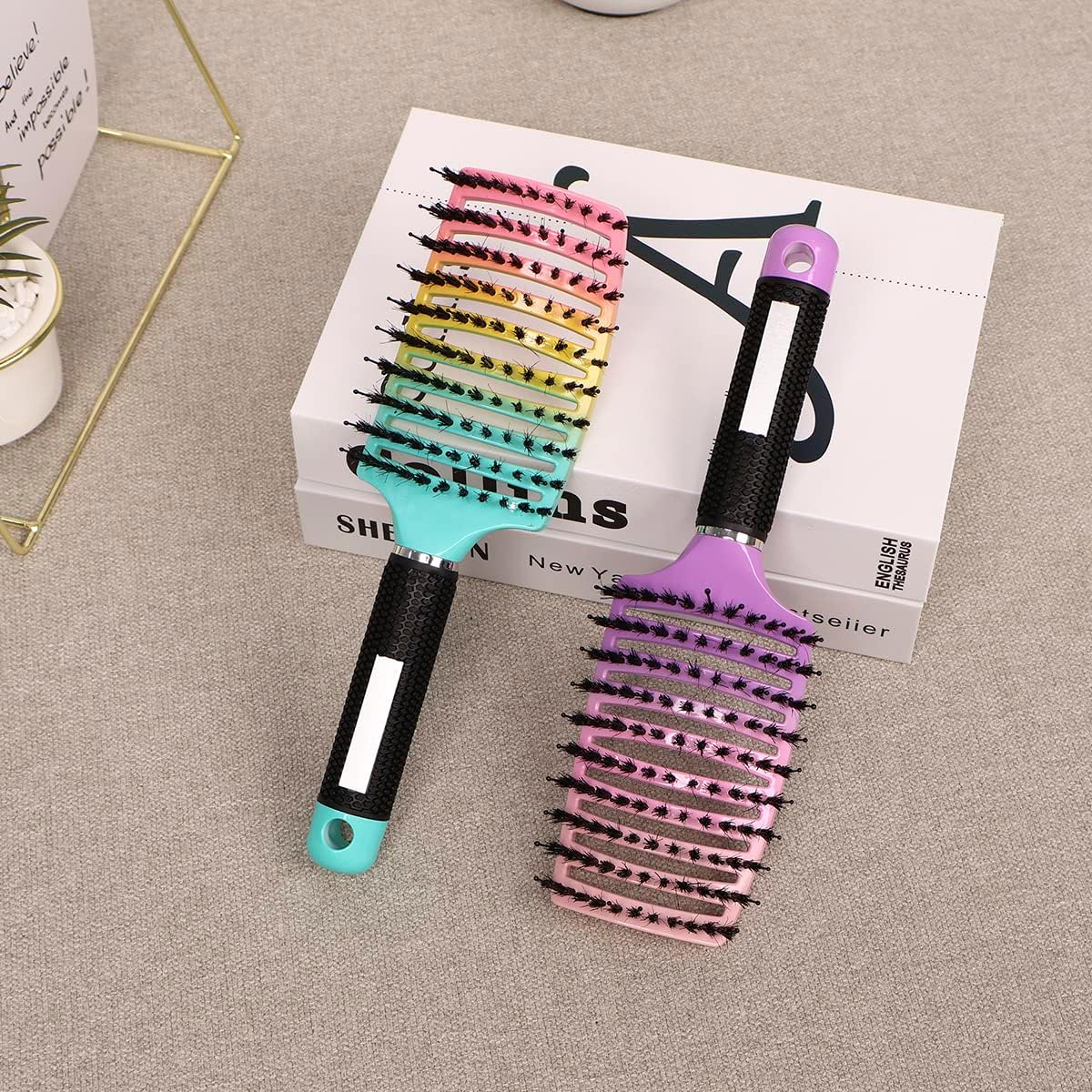 2Pcs Detangling Hairbrush Curved and Vented Detangling Hair Brush for Long Thick Curly Hair Comfortable Boar Bristle Hair Brush for for Combing Detangling (Rainbow Gradient) image number 5