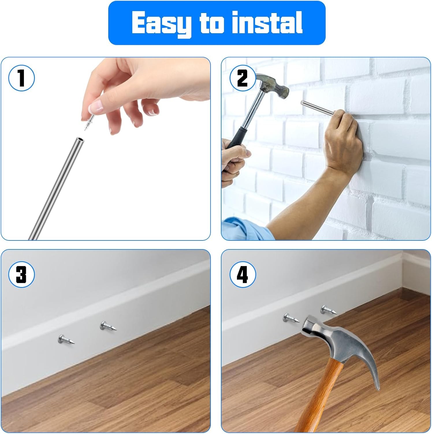 Pack of 300 Double Head Skirting Board Nails, Seamless Nail with Double-Headed Socket Thread Nail, Double Headed Nails Wall Steel Nails, Invisible Safety Screws with 3 Sleeve Tools