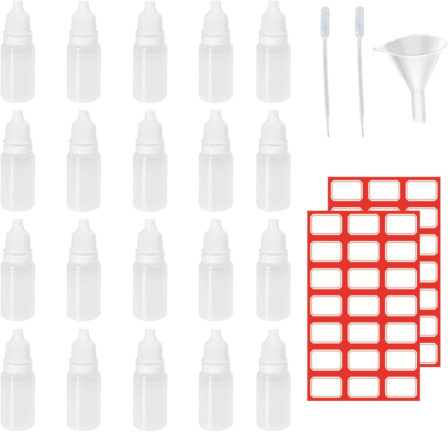 20Pcs 10Ml Squeezable Dropper Bottles White, with 1Funnel and 2 Dropper and 2Pcs 21 Stickers for Travel, Medical, Arts Crafts, Laboratory, Home